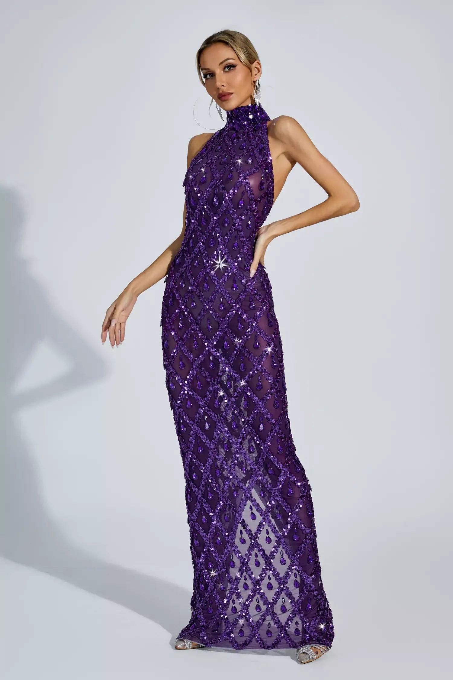 Maxi Purple Sequin Dress Louise Purple Diamond Maxi Dress(No Lining)