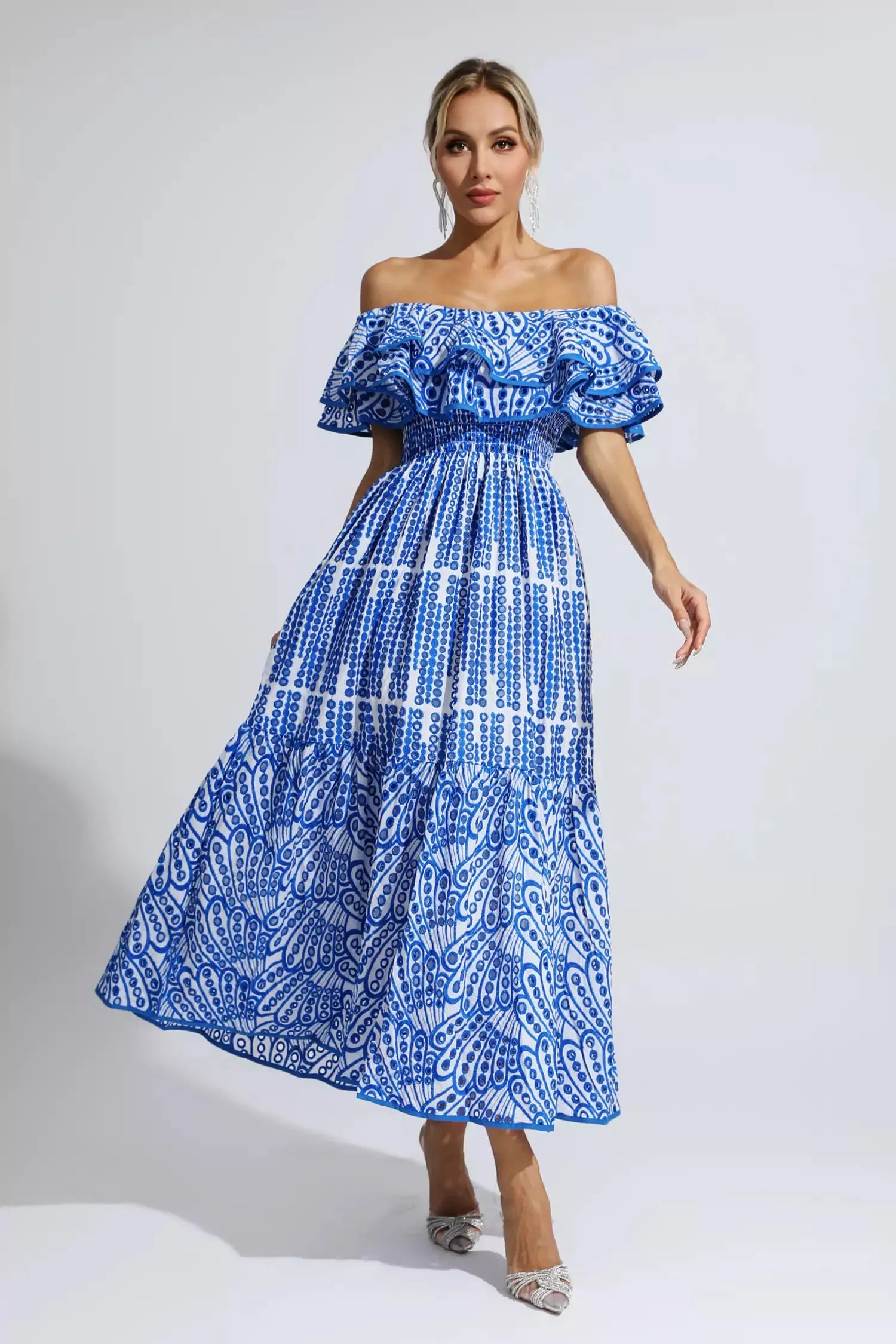 blue and white cut out maxi dress Malani Blue Cutout Ruffle Maxi Dress