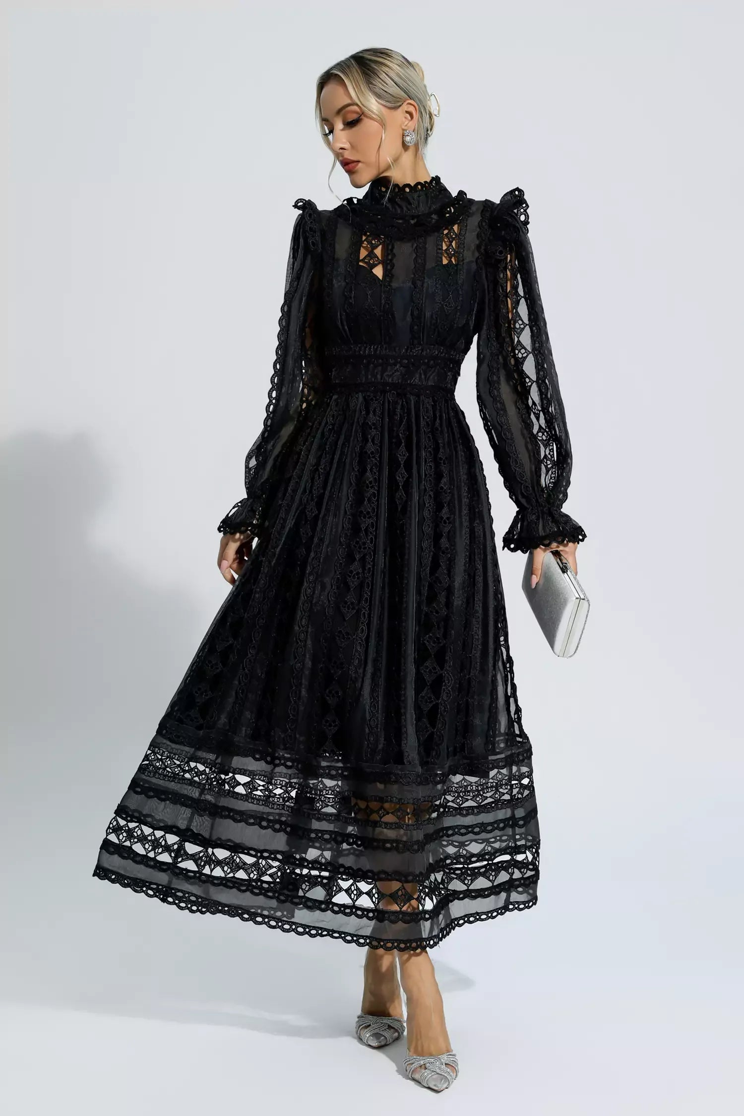 fitted lace wedding dress Loveland Off-Shoulder Lace Maxi Dress Black main image 0