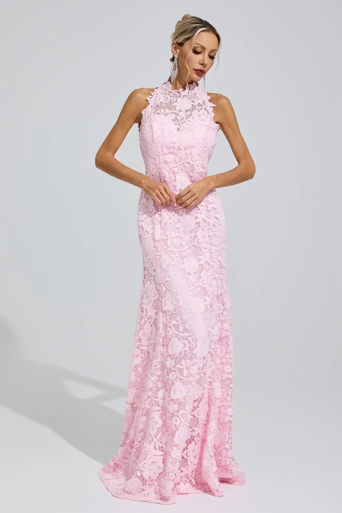 Ottavia Pink Sleeveless Lace Bodycon Maxi Dress