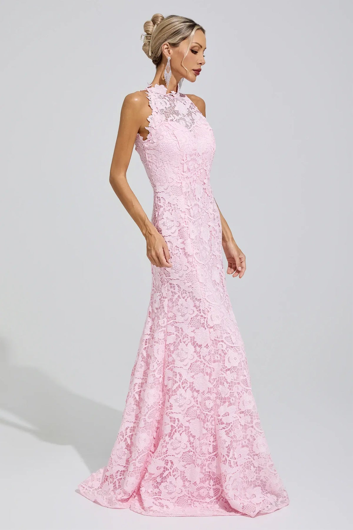Ottavia Pink Sleeveless Lace Bodycon Maxi Dress