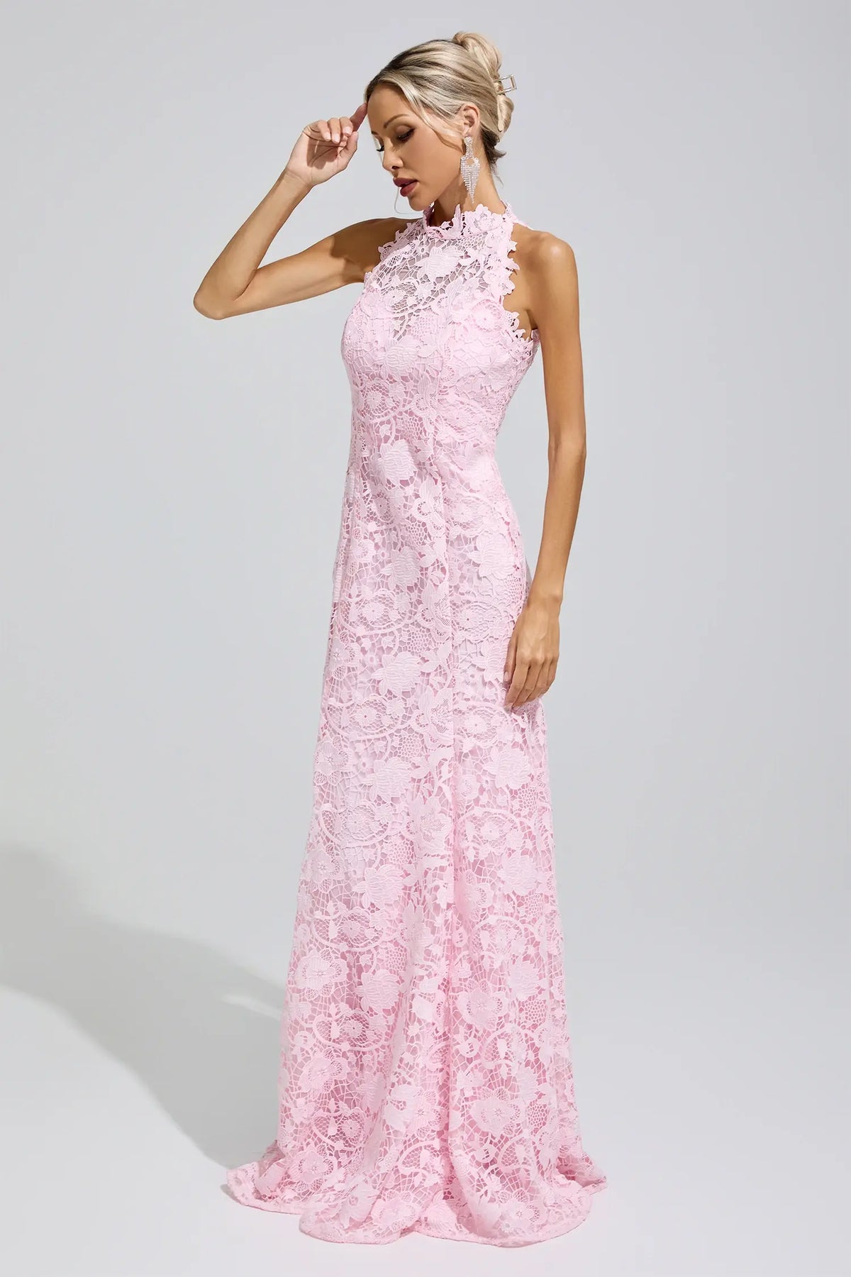 Ottavia Pink Sleeveless Lace Bodycon Maxi Dress