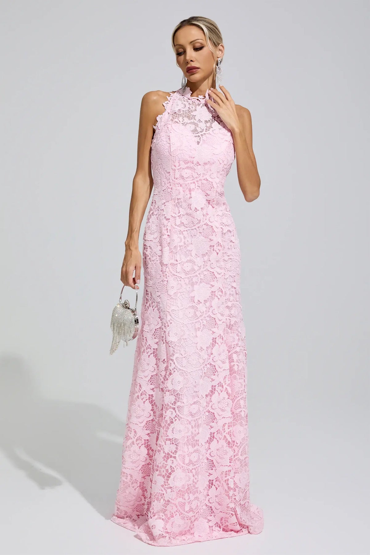 Ottavia Pink Sleeveless Lace Bodycon Maxi Dress