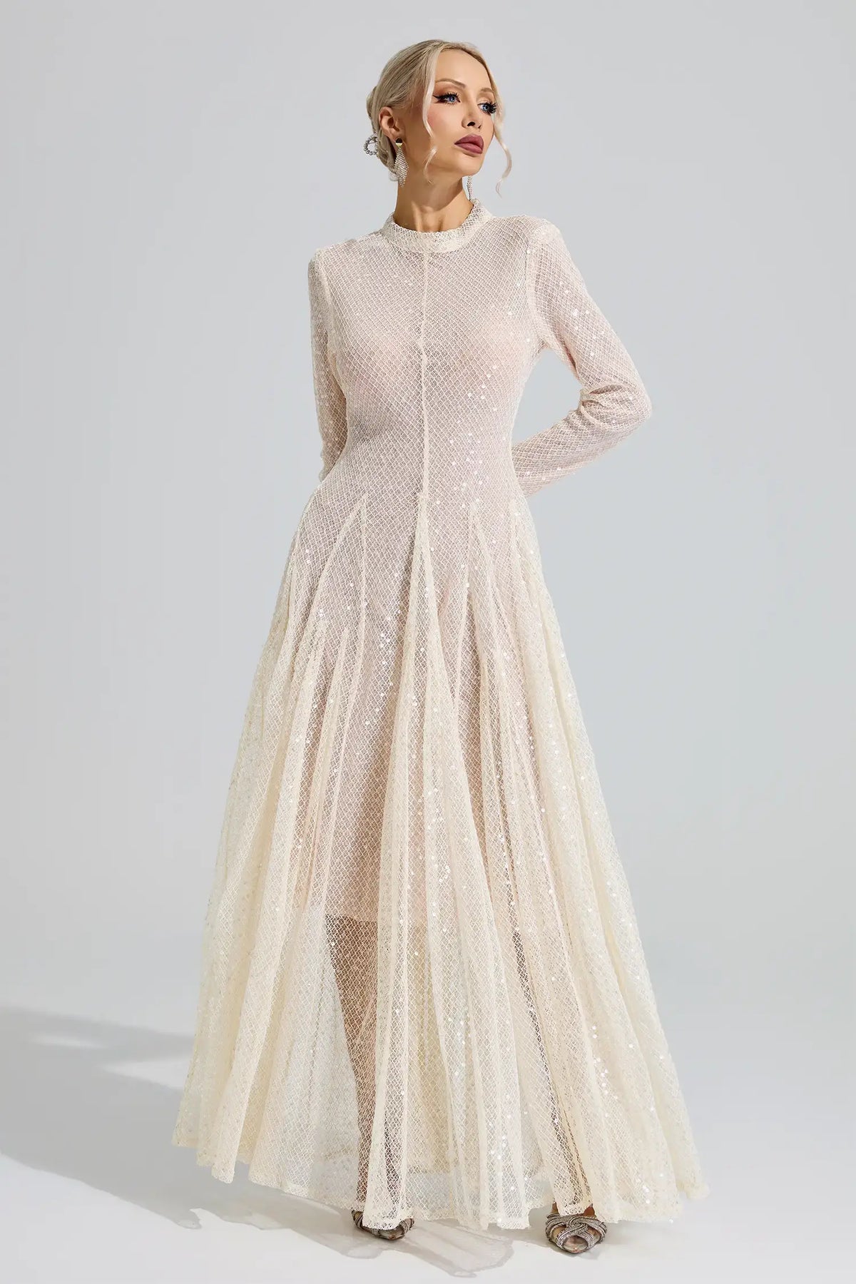Alessandra Beige Sequin Maxi Dress