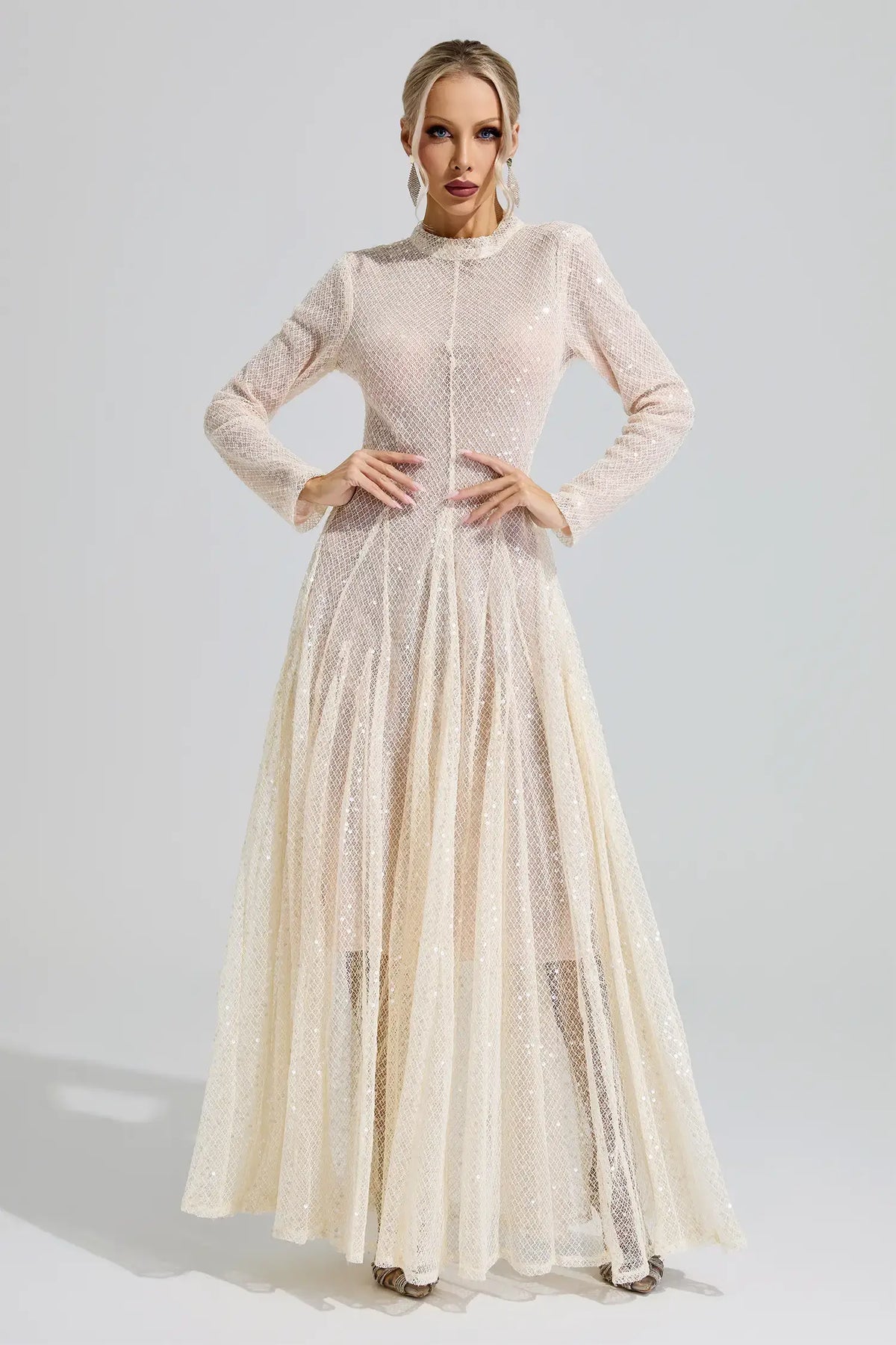 Alessandra Beige Sequin Maxi Dress