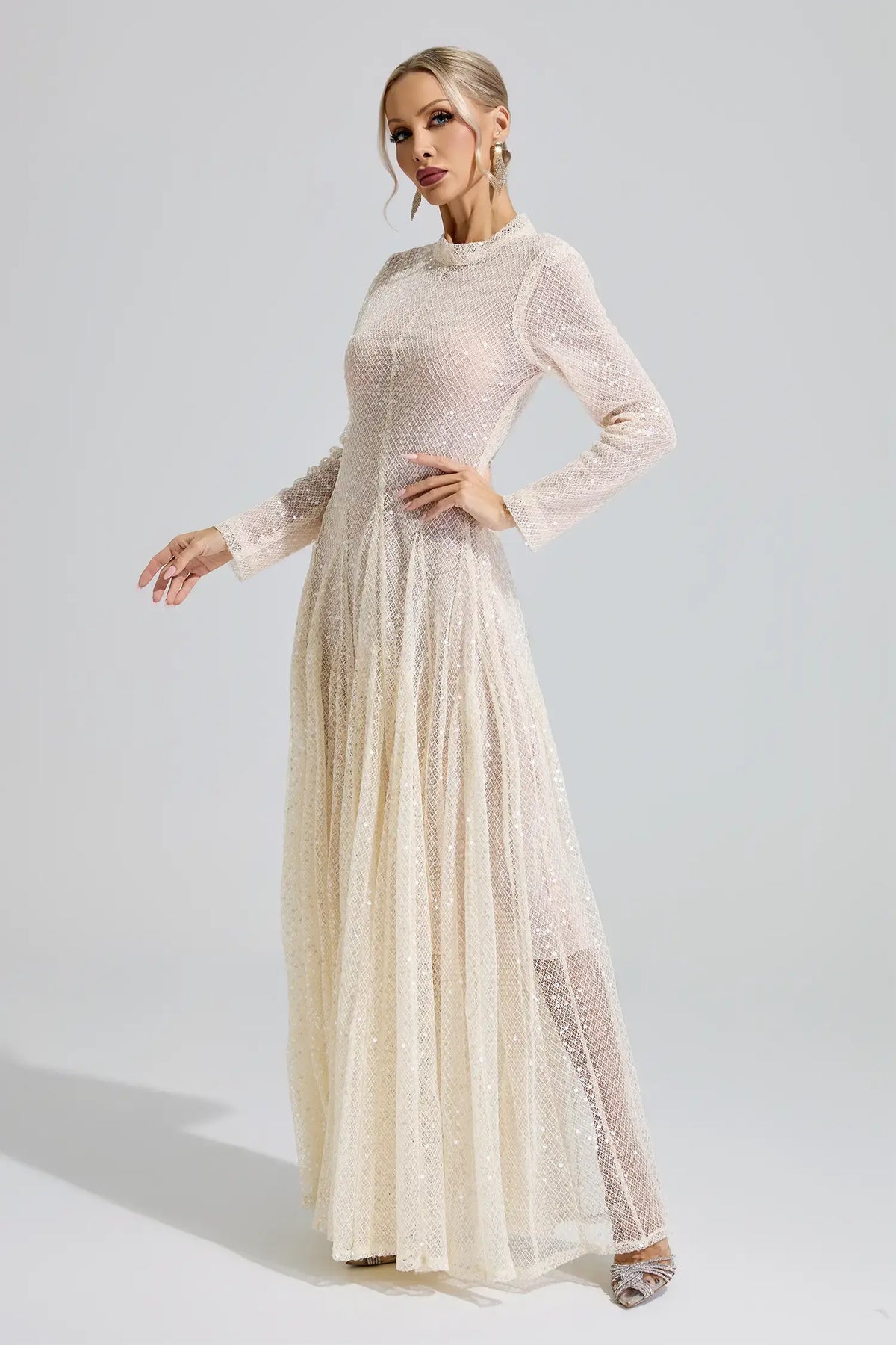 Alessandra Beige Sequin Maxi Dress