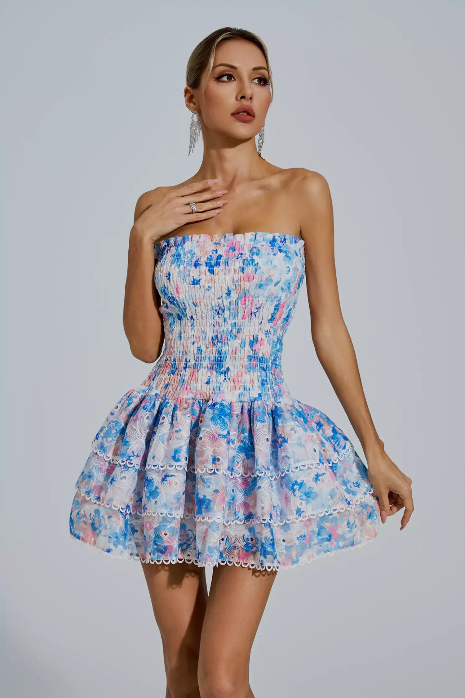 Mercy Blue Floral Ruched Mini Dress Mercy Blue Floral Ruched Mini Dress