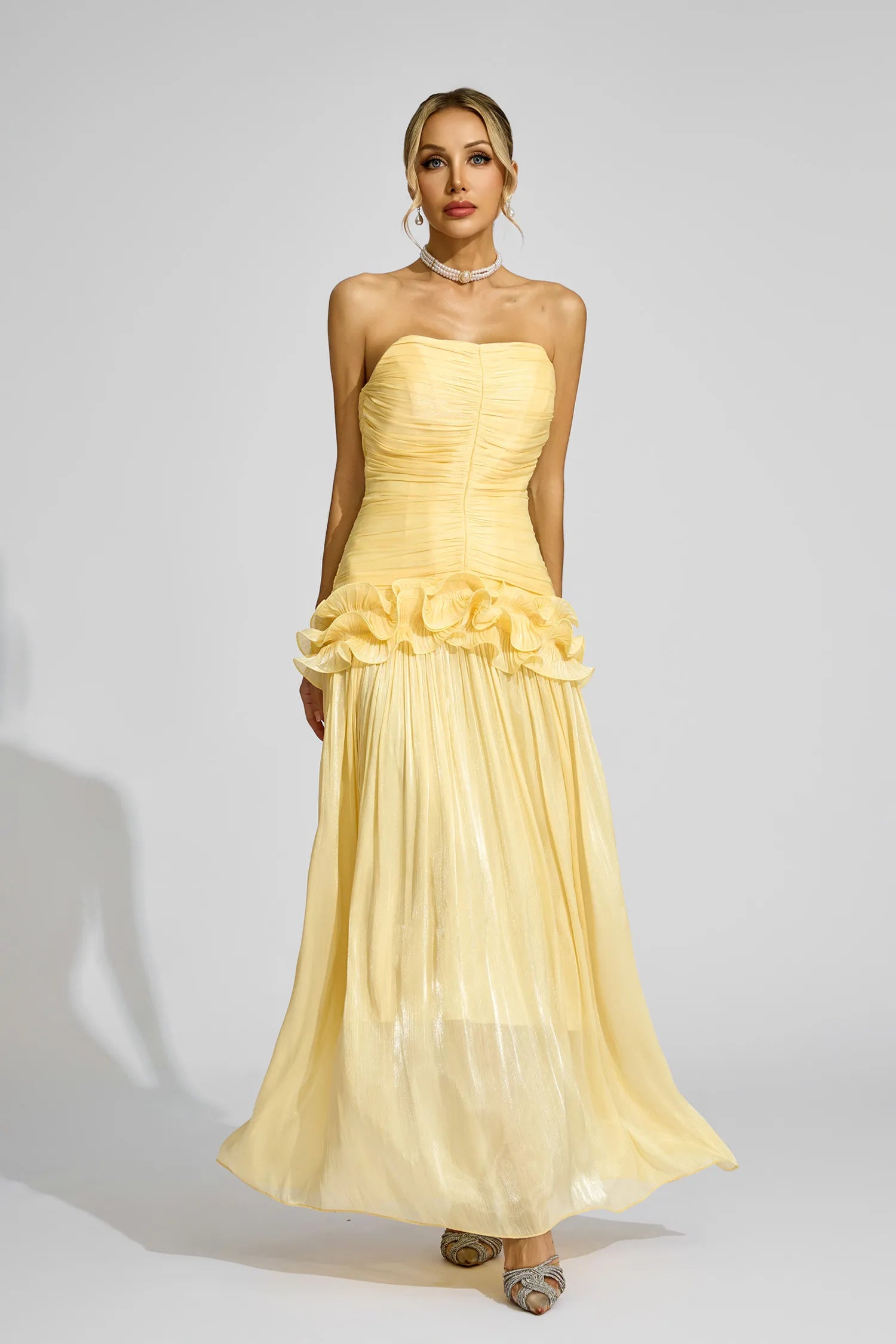 Tristane Yellow Off Shoulder Ruffled Maxi Dress