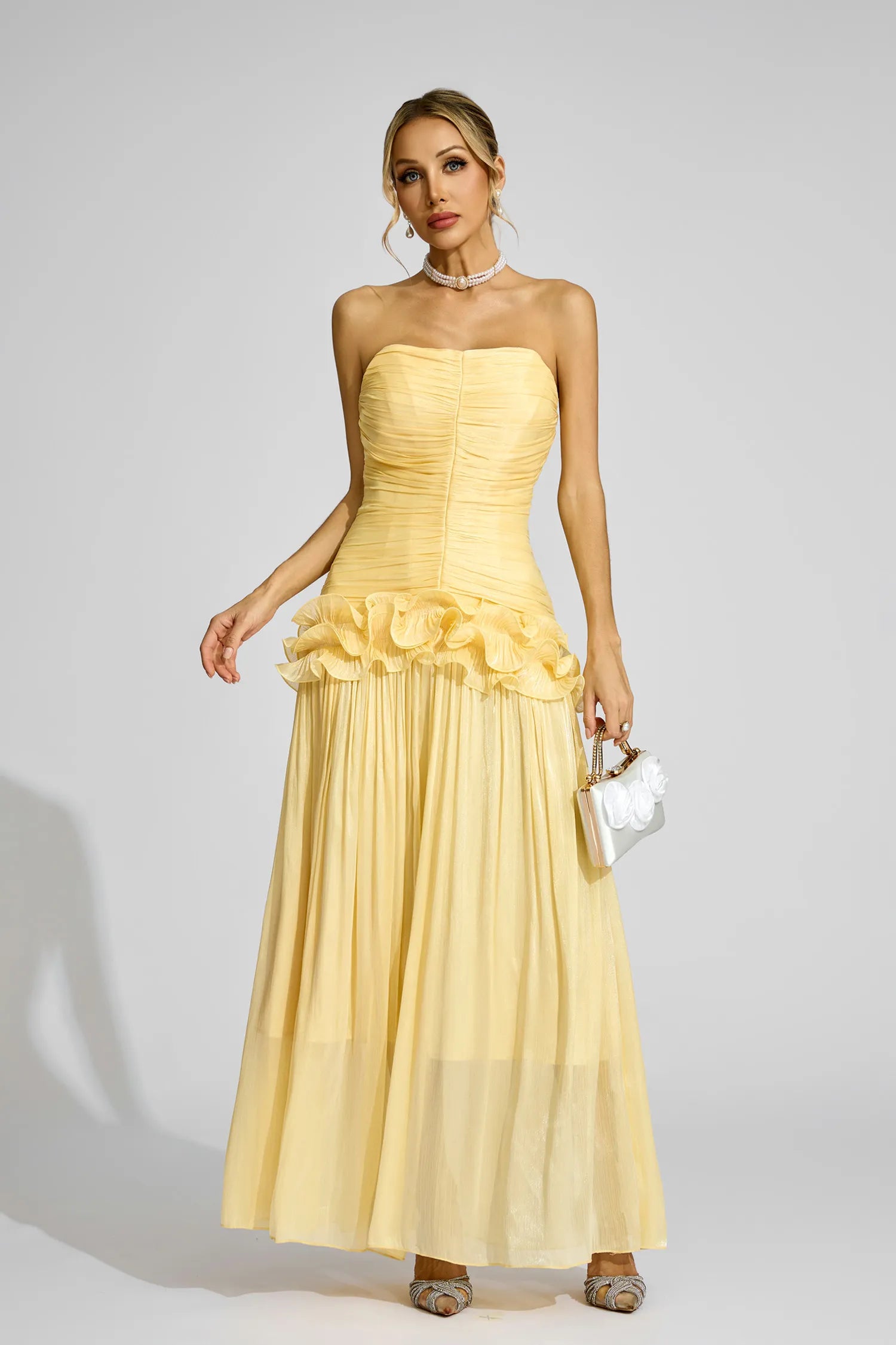 Tristane Yellow Off Shoulder Ruffled Maxi Dress