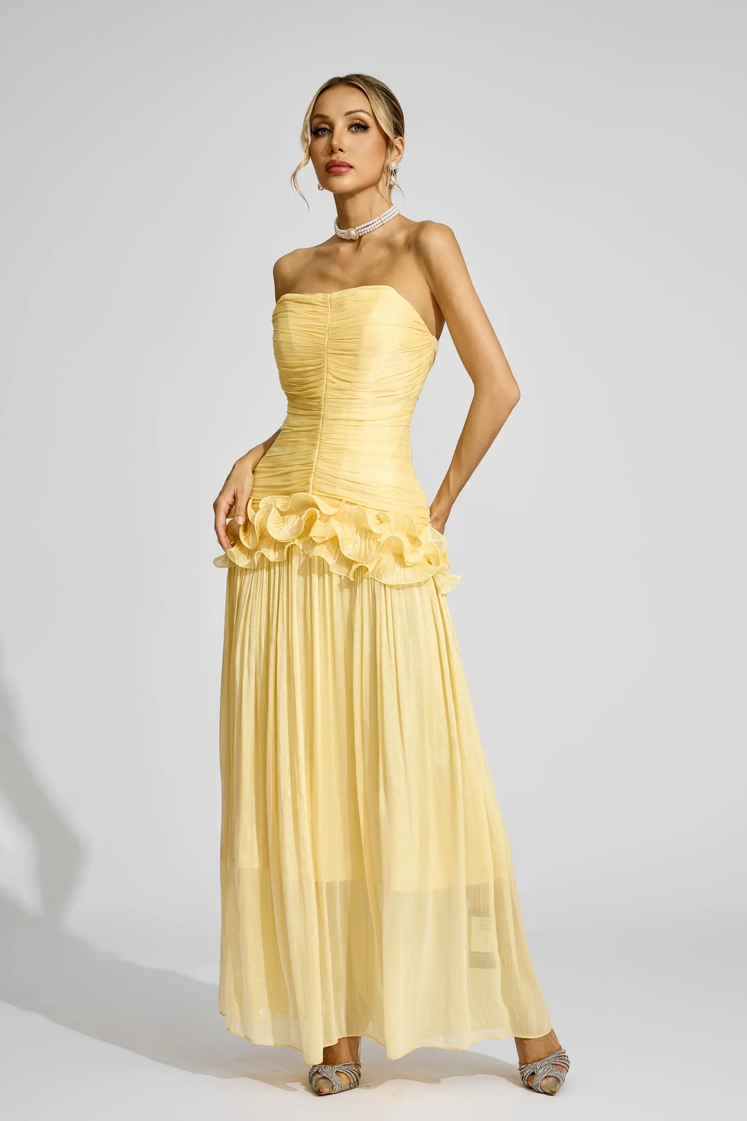 Tristane Yellow Off Shoulder Ruffled Maxi Dress