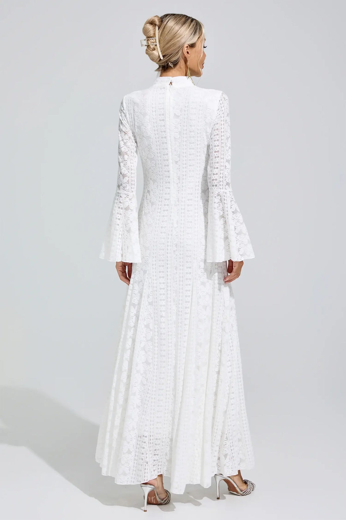 Chérie White Flared Sleeve Embroidered Maxi Dress