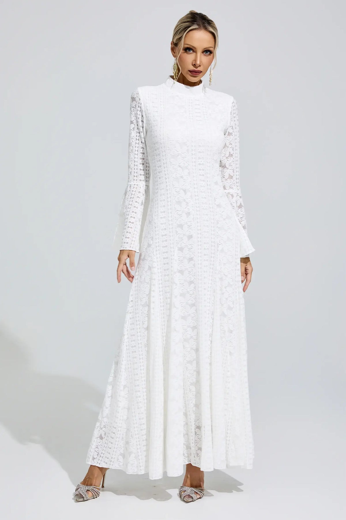 Chérie White Flared Sleeve Embroidered Maxi Dress