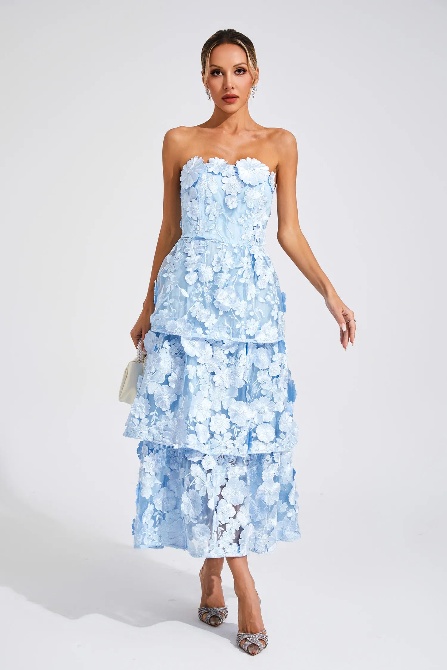 Estella Blue Flower Off Shoulder Maxi Dress