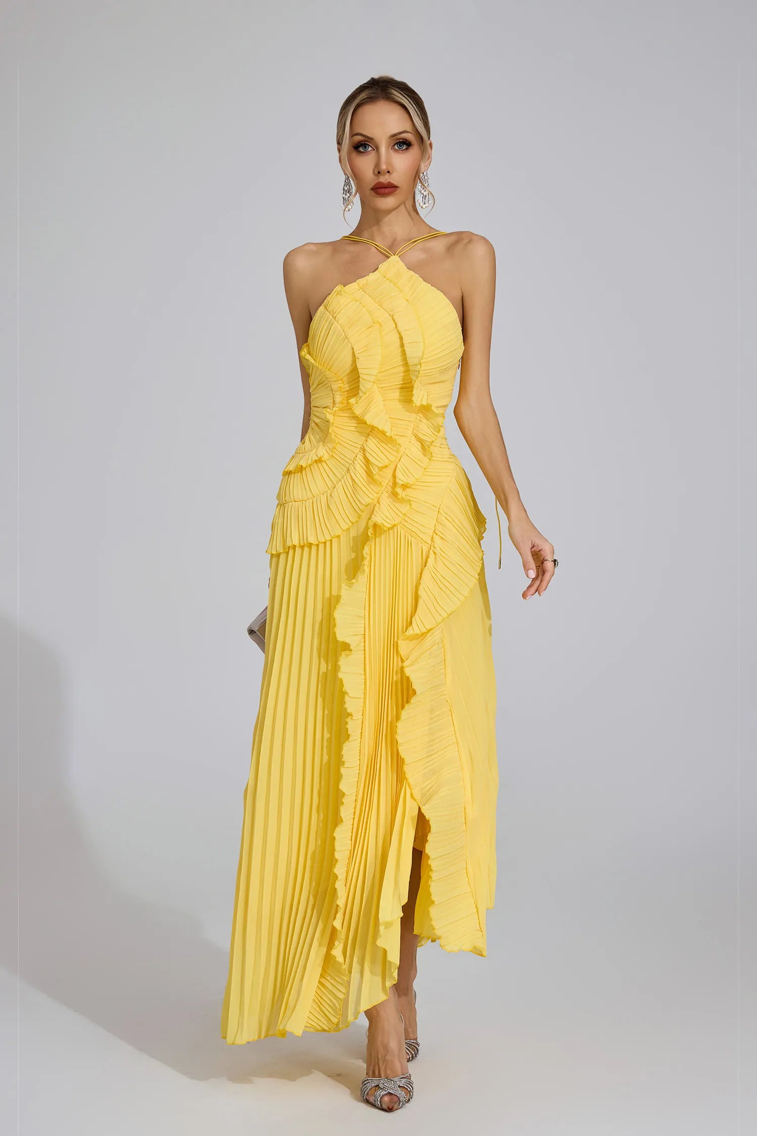 Dravina Yellow Asymmetric Pleated Halter Maxi Dress