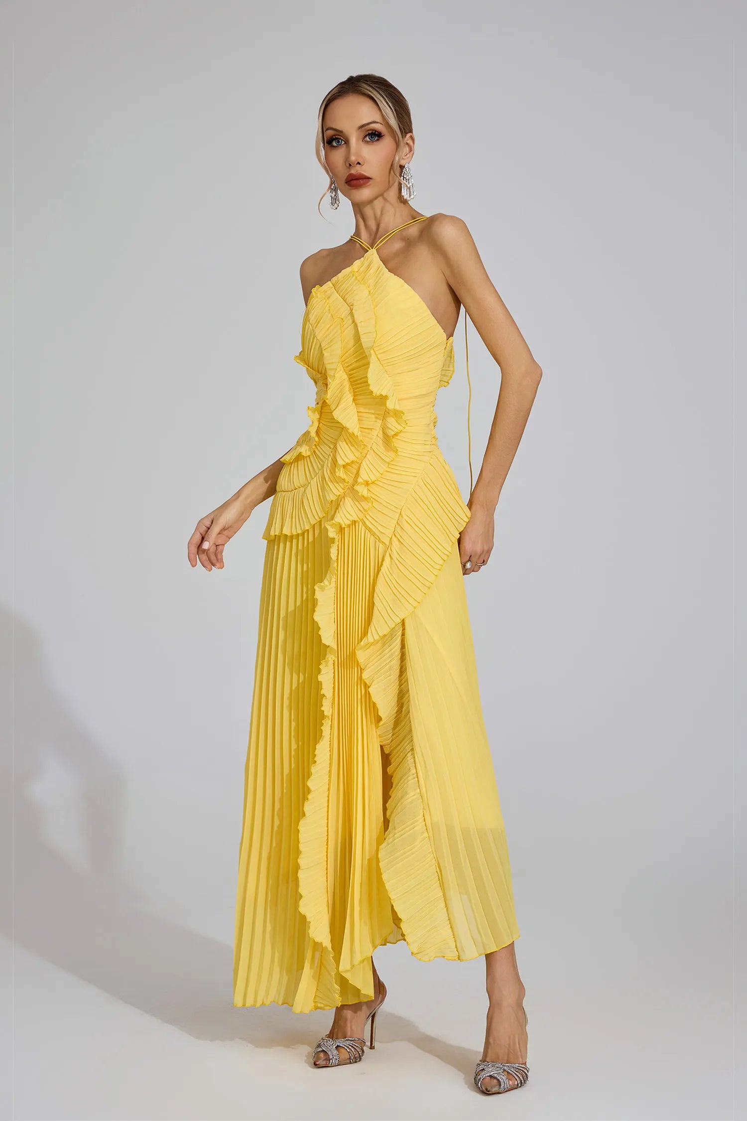 Dravina Yellow Asymmetric Pleated Halter Maxi Dress