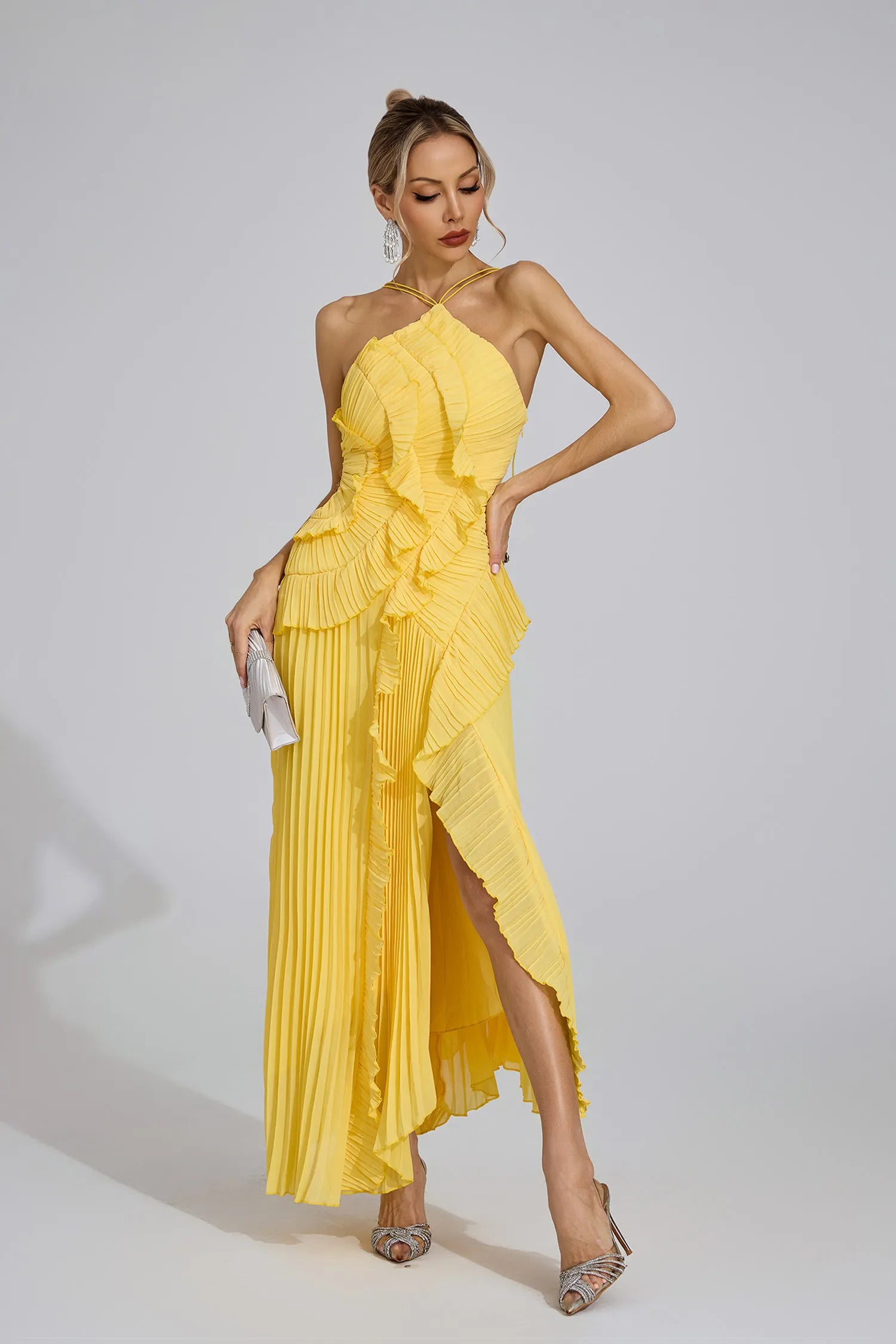 Dravina Yellow Asymmetric Pleated Halter Maxi Dress