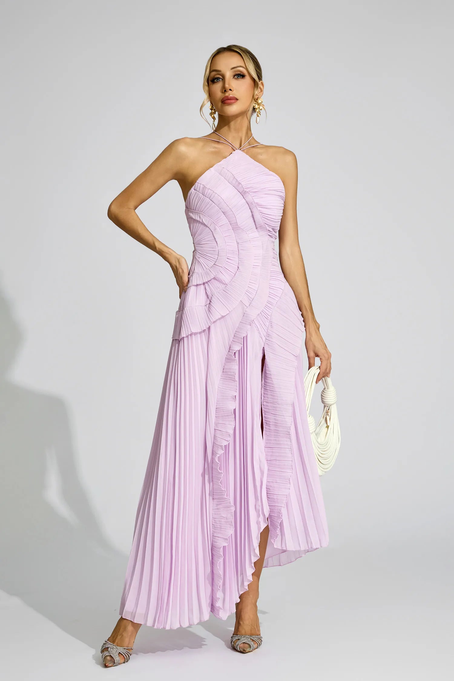 Elodie Purple Asymmetric Pleated Halter Maxi Dress