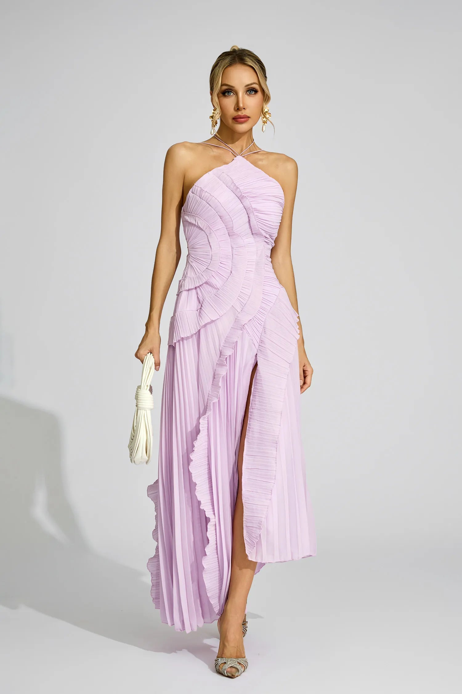 Elodie Purple Asymmetric Pleated Halter Maxi Dress