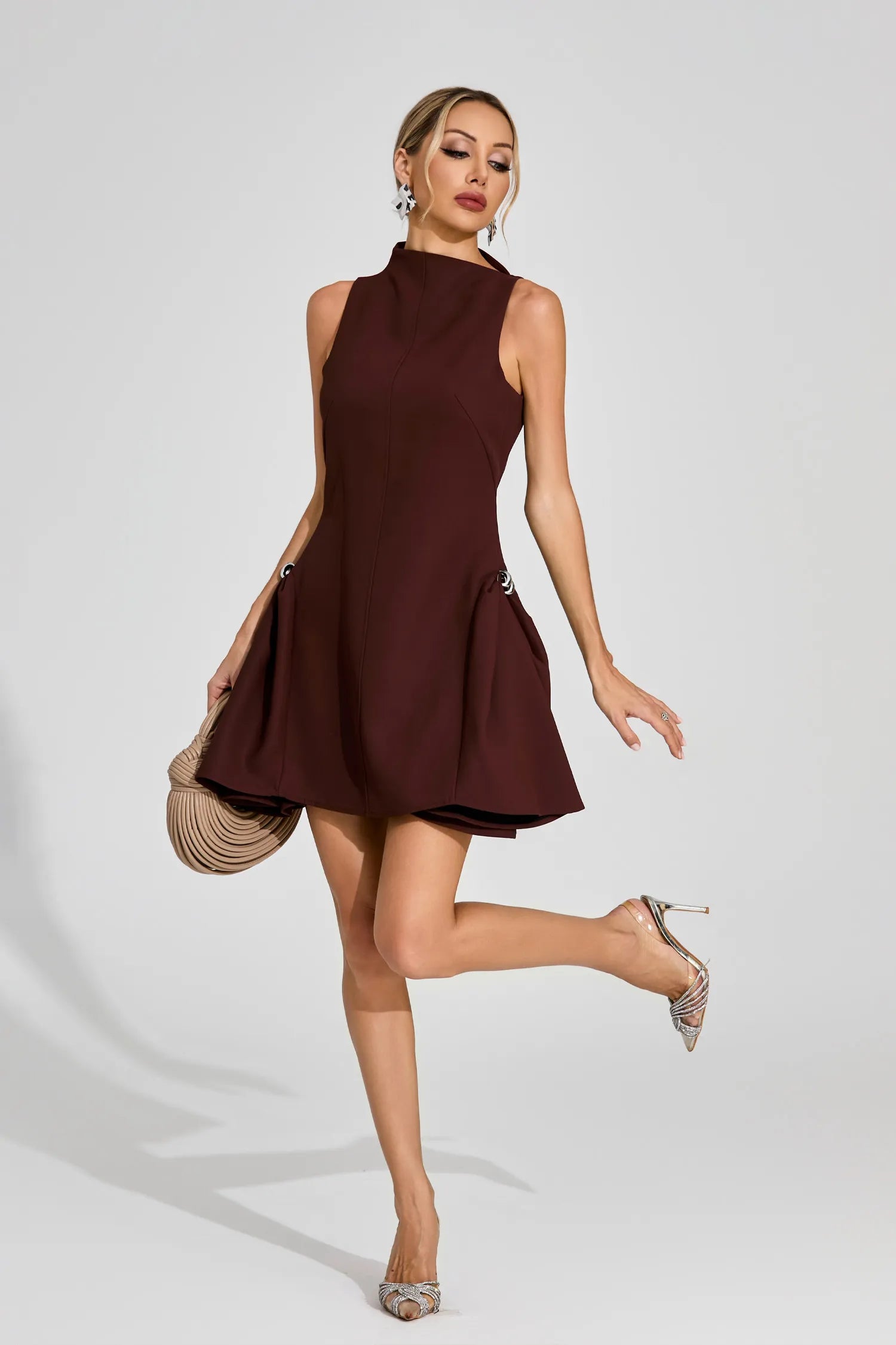 Paloma Brown High - Neck Mini Dress