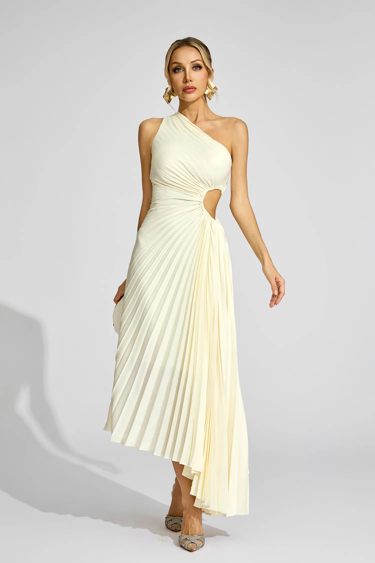 Cathy Apricot One Shoulder Pleated Midi Dress