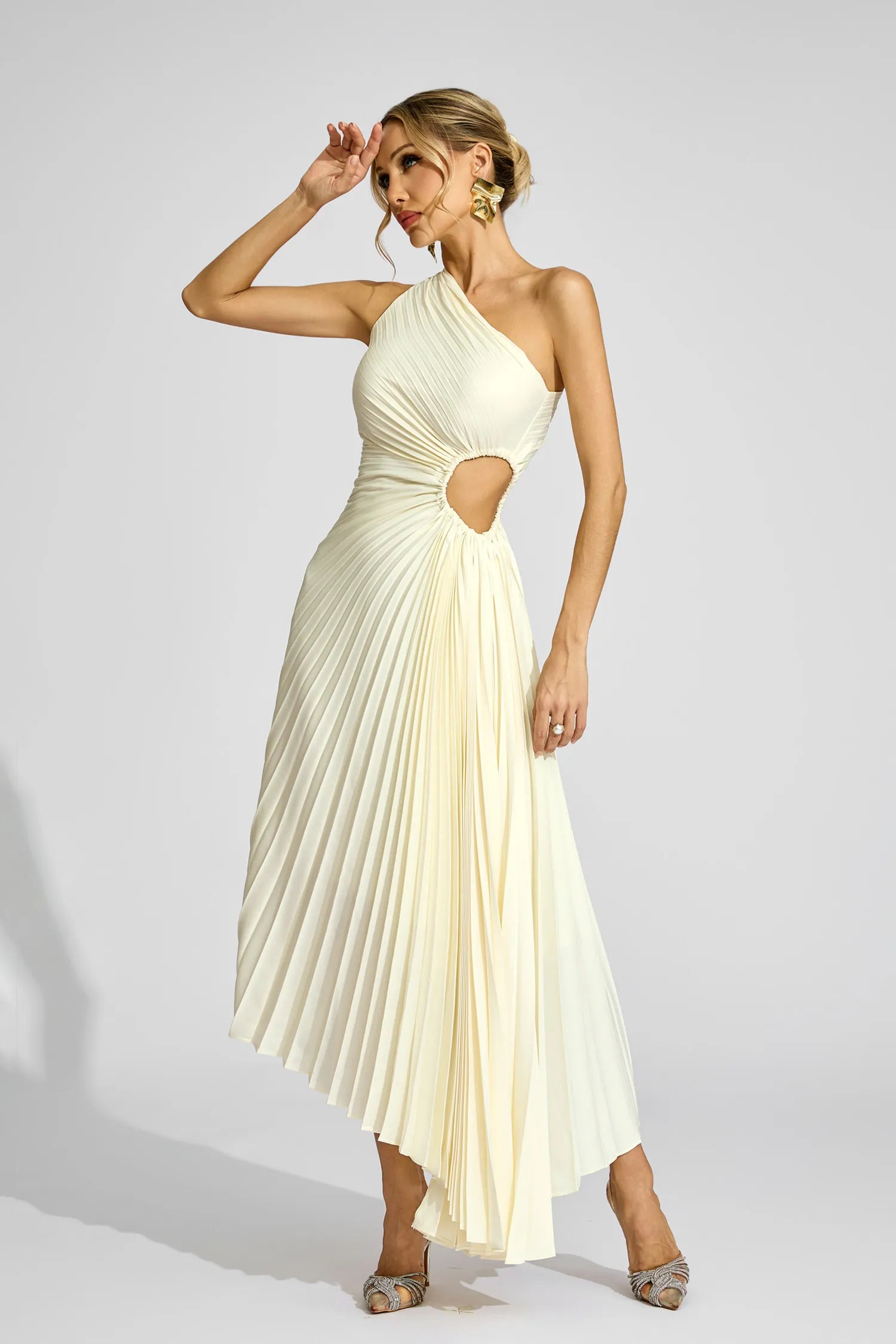 Cathy Apricot One Shoulder Pleated Midi Dress