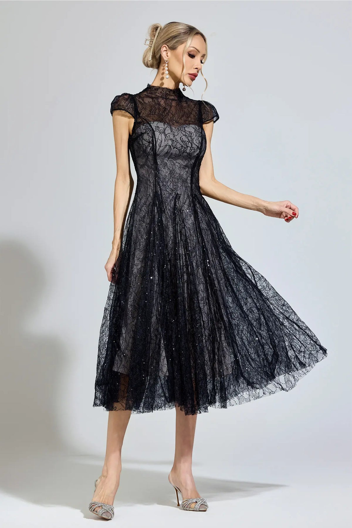 Phoenix Black Lace Sequin Midi Dress