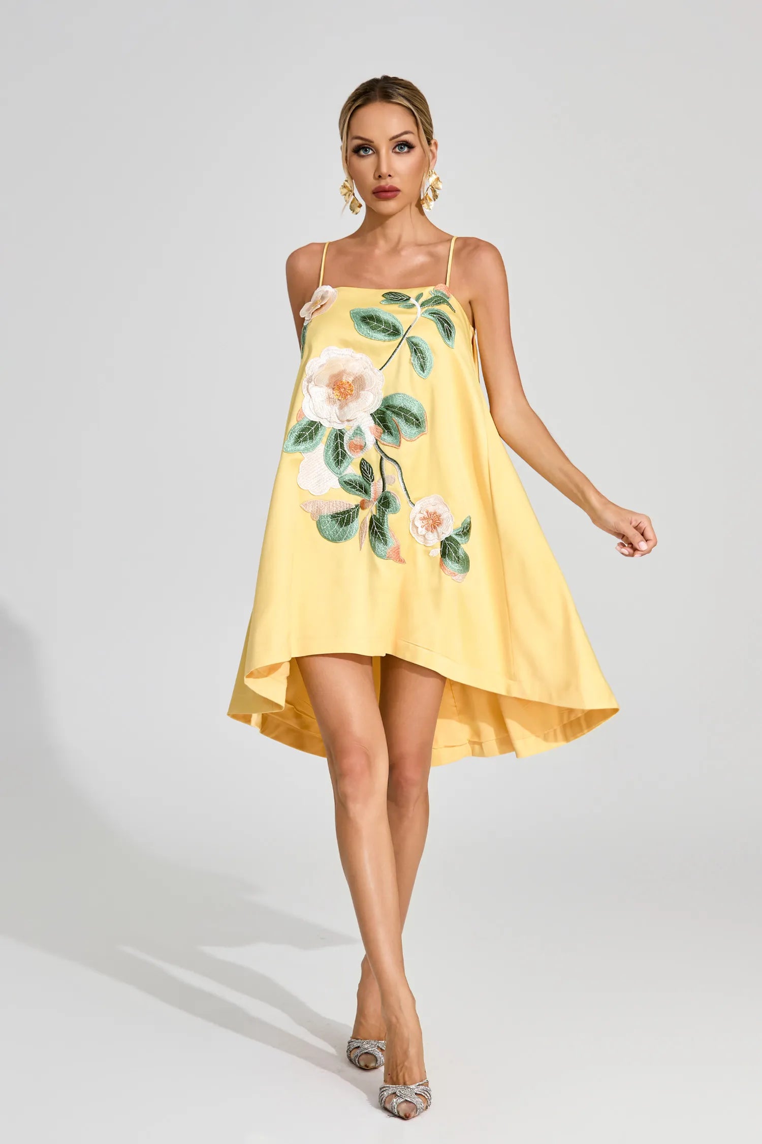 Cindy Yellow Embroidered Slip Mini Dress