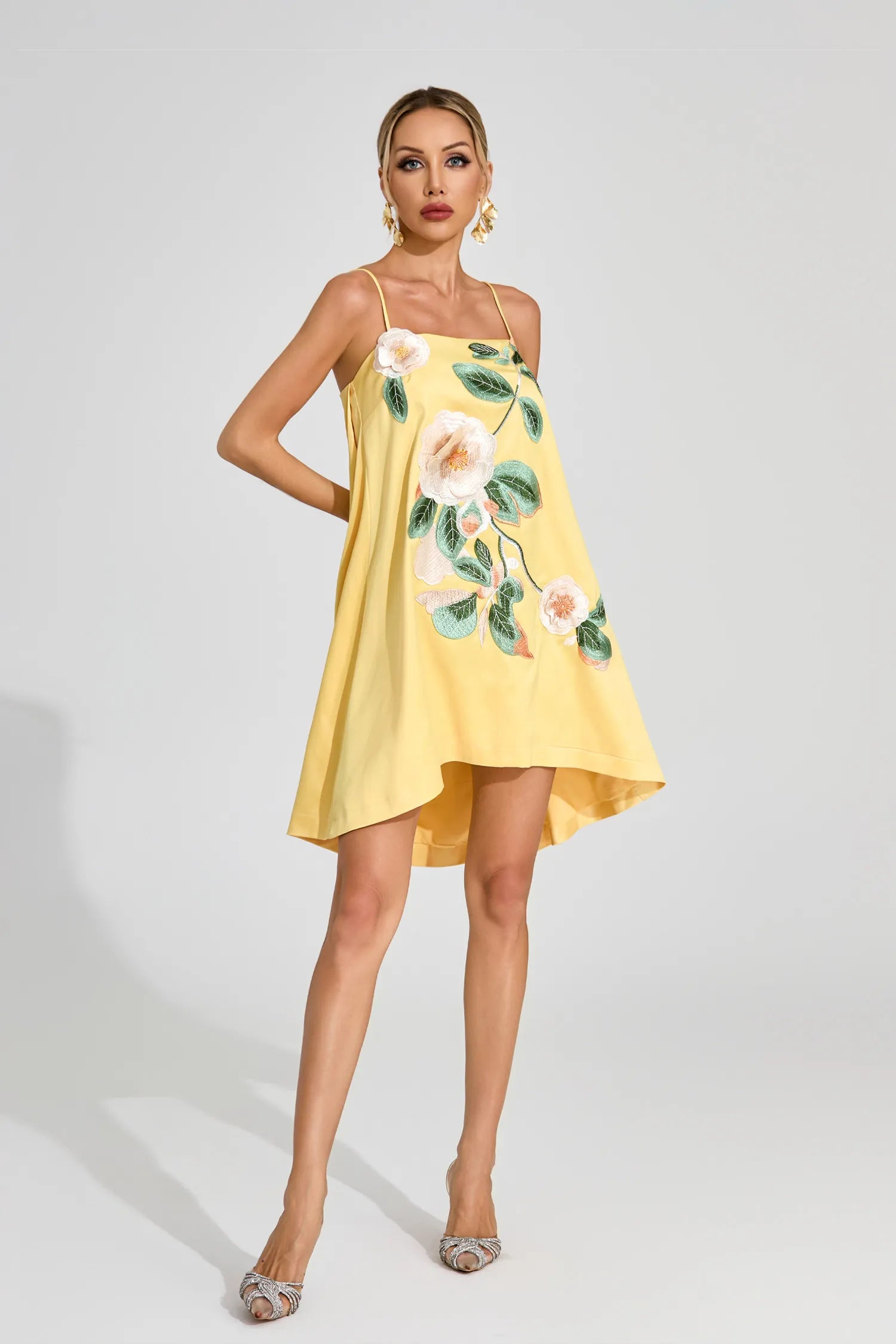 Cindy Yellow Embroidered Slip Mini Dress