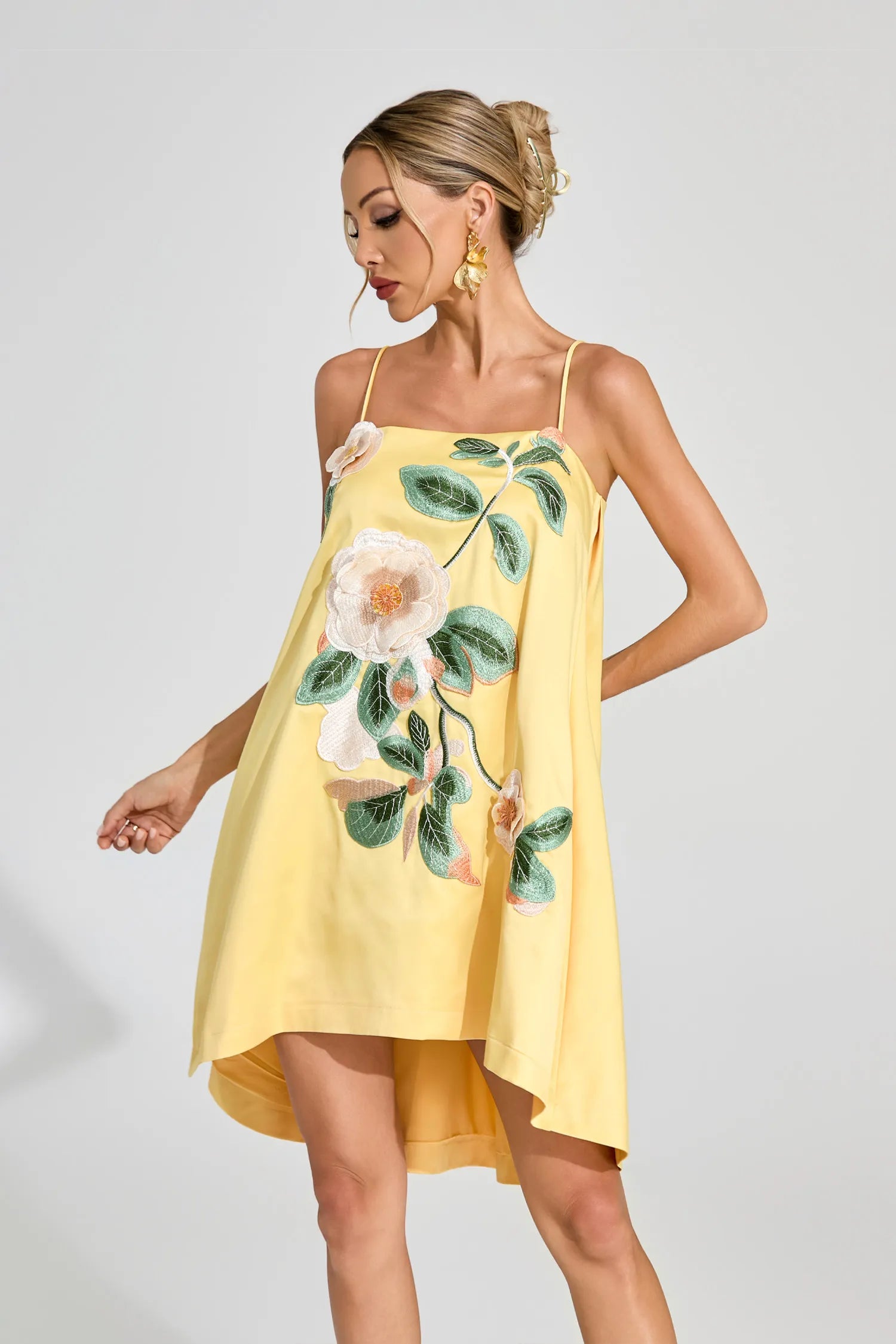 Cindy Yellow Embroidered Slip Mini Dress