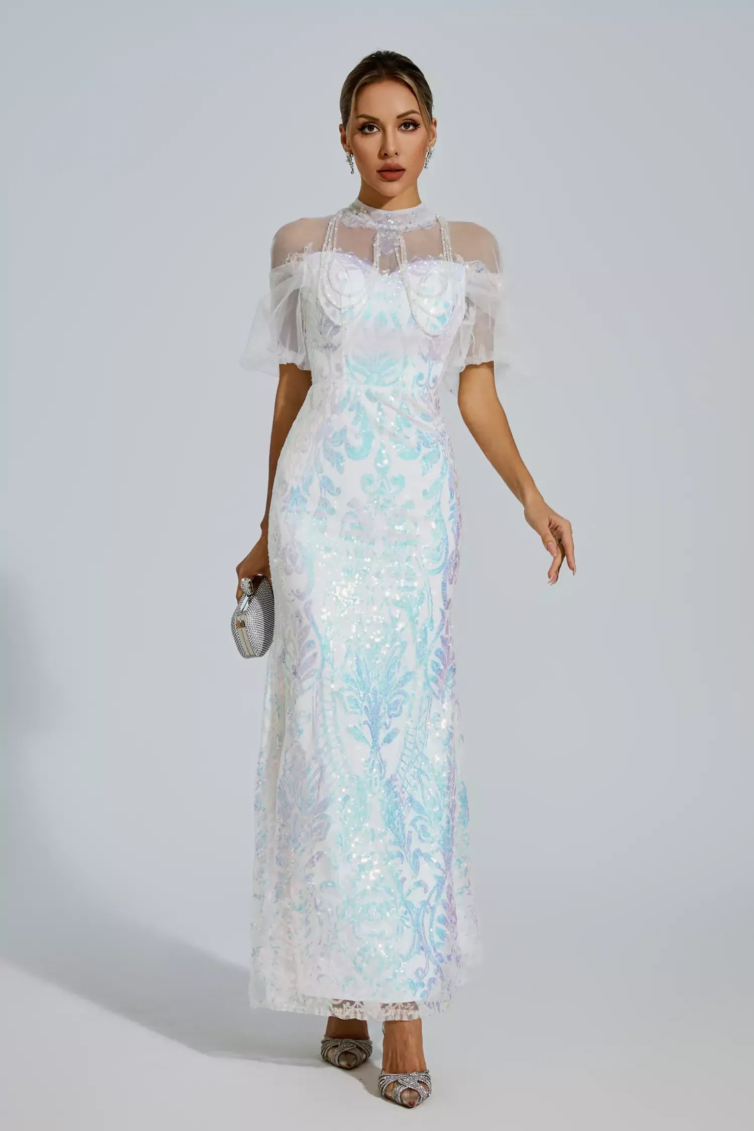 white mesh sequin dress Robin White Mesh Maxi Sequin Dress