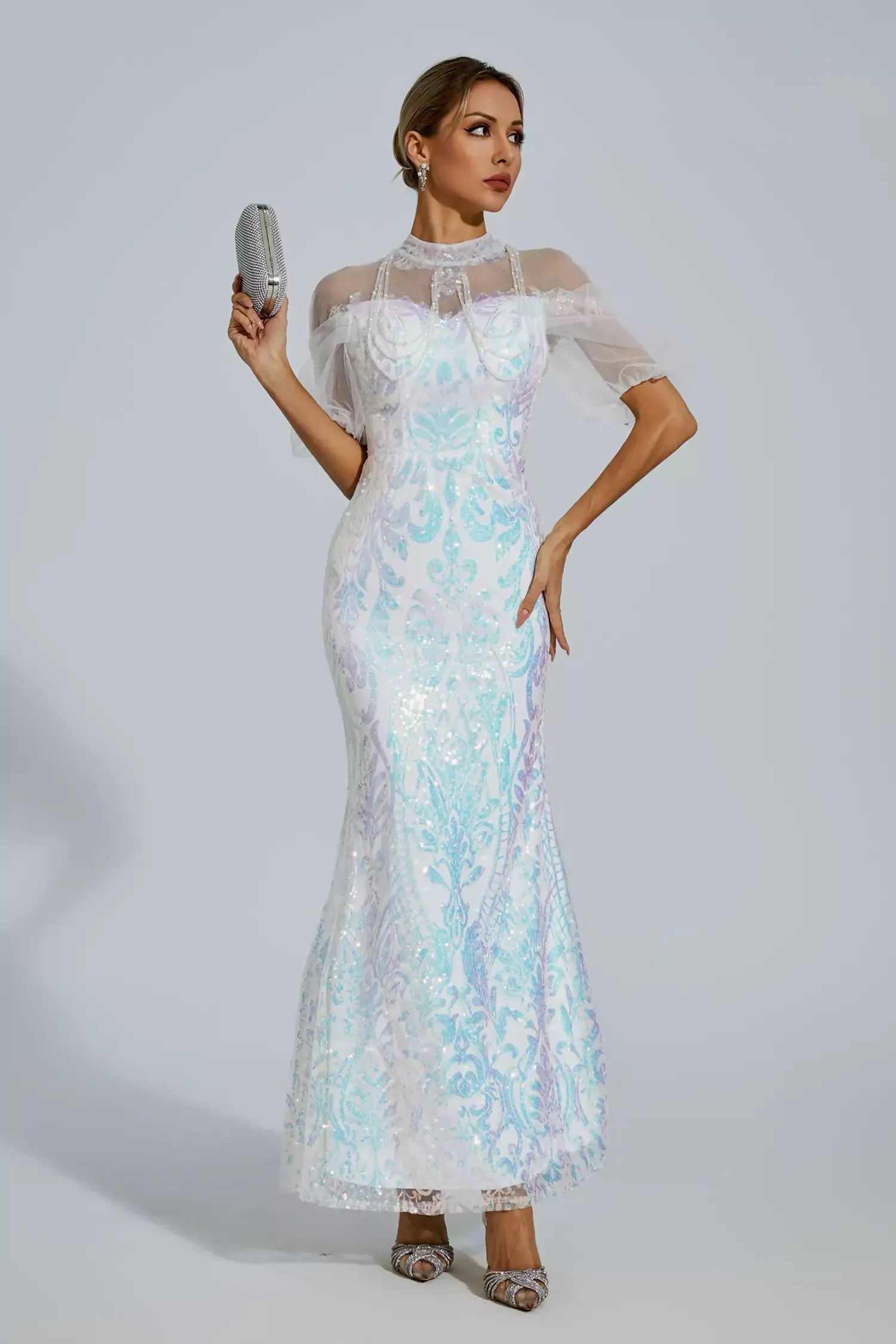 Robin White Mesh Maxi Sequin Dress