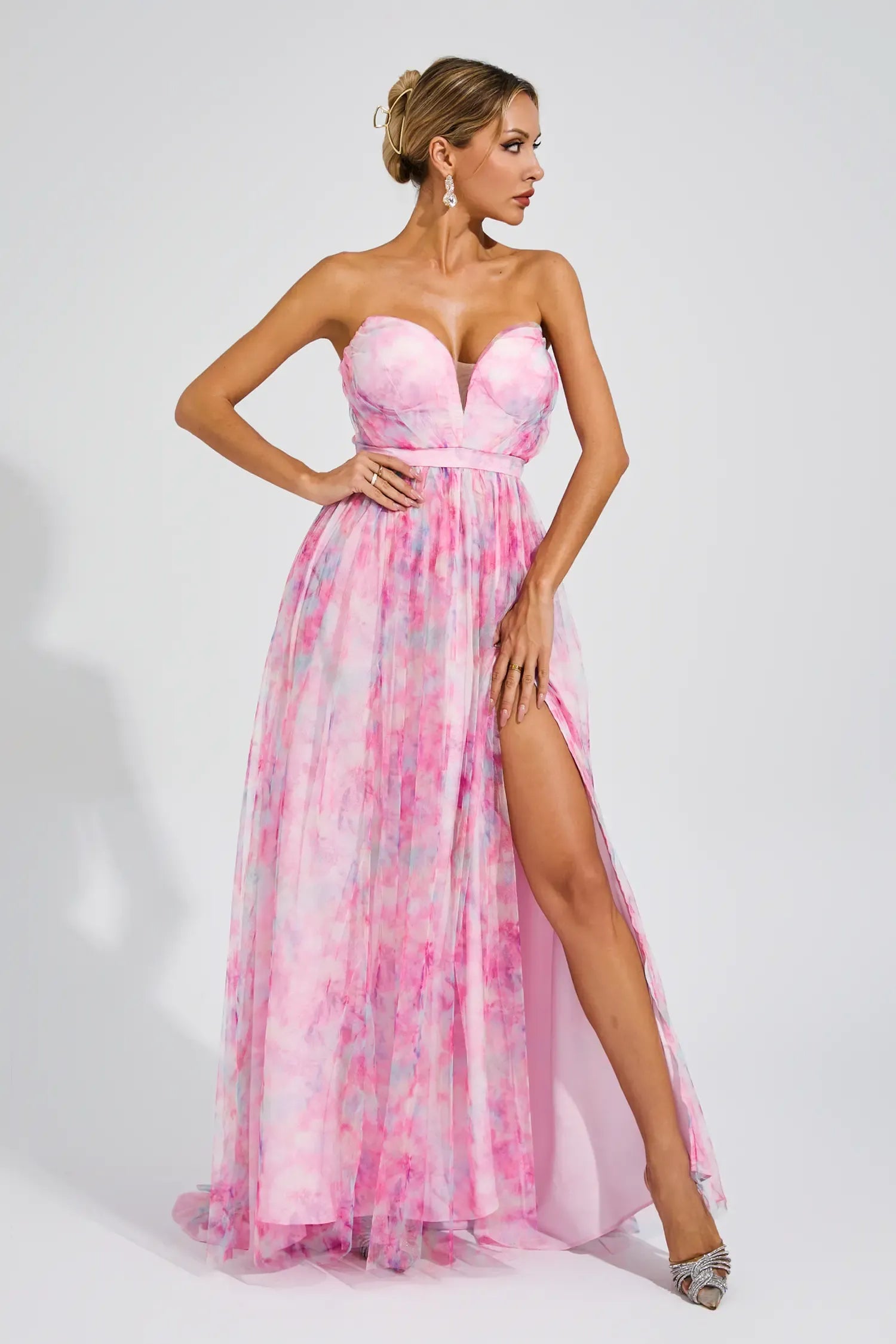 Sheila Pink Floral Slit Off Shoulder Maxi Dress