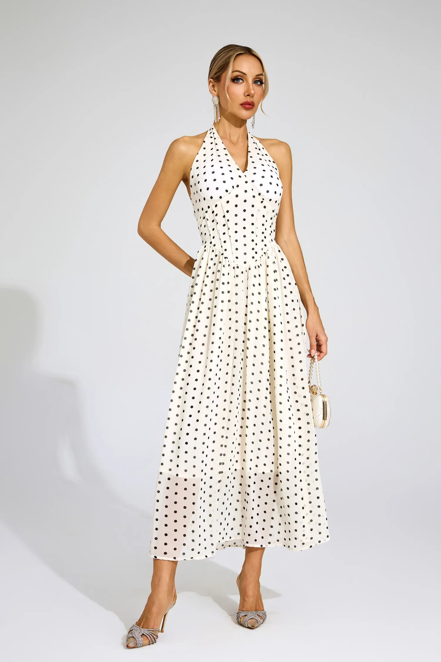 Charisse White Polka Dot Halter Maxi Dress