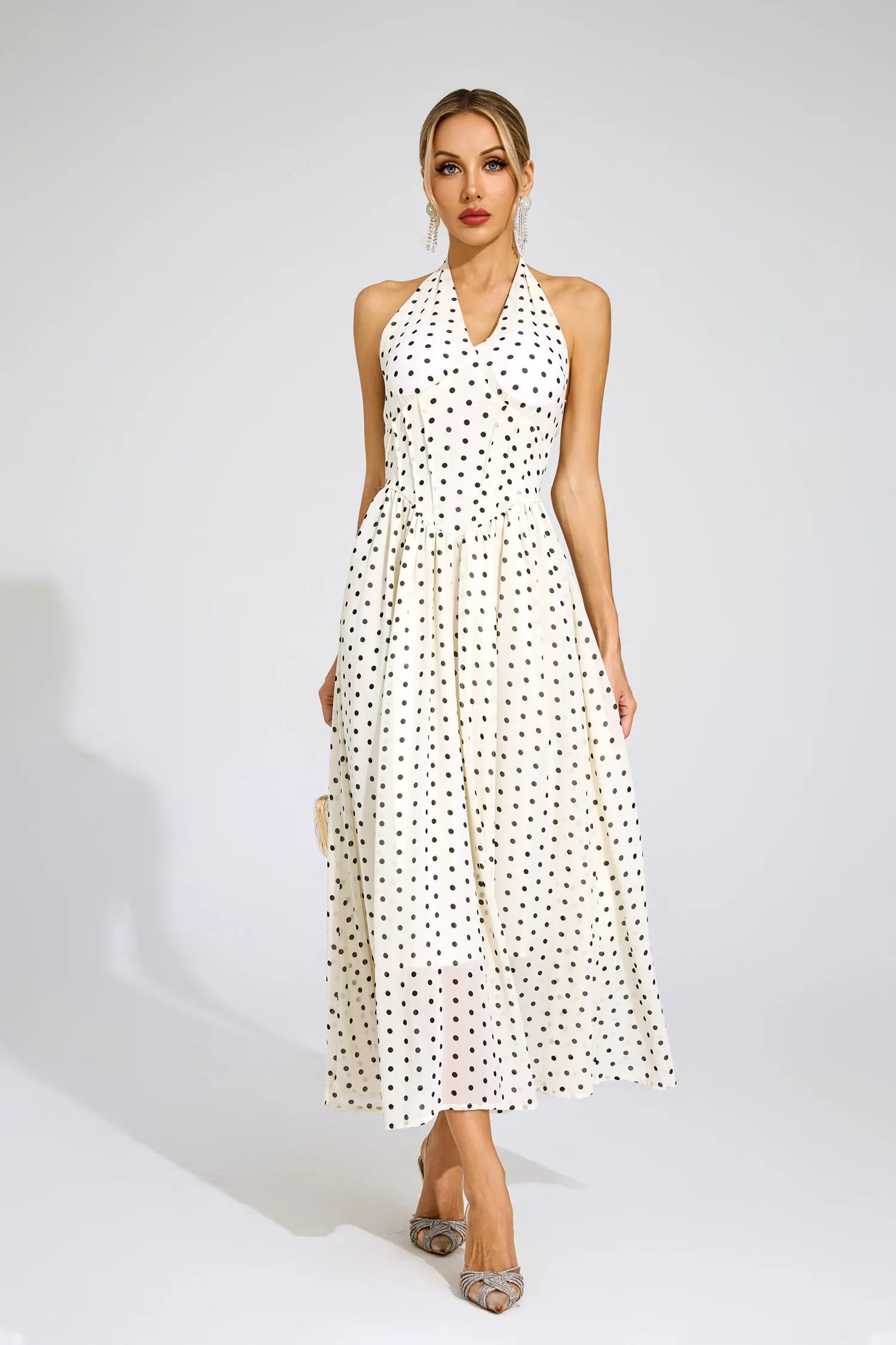 Charisse White Polka Dot Halter Maxi Dress