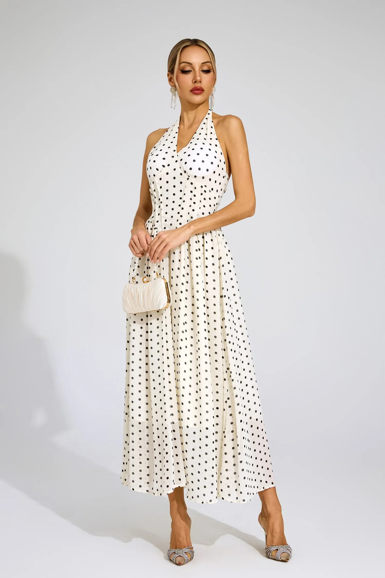 Charisse White Polka Dot Halter Maxi Dress