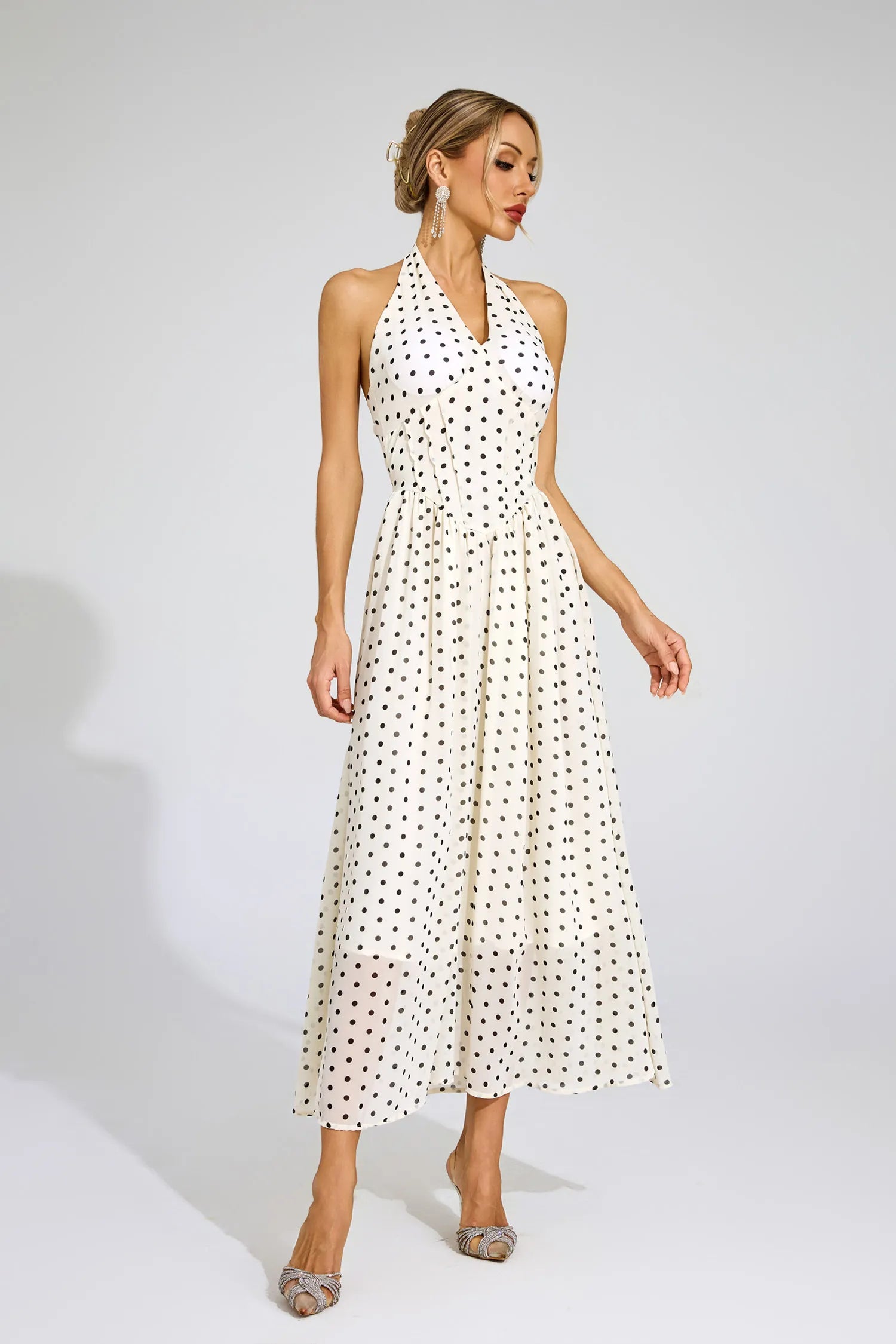 Charisse White Polka Dot Halter Maxi Dress