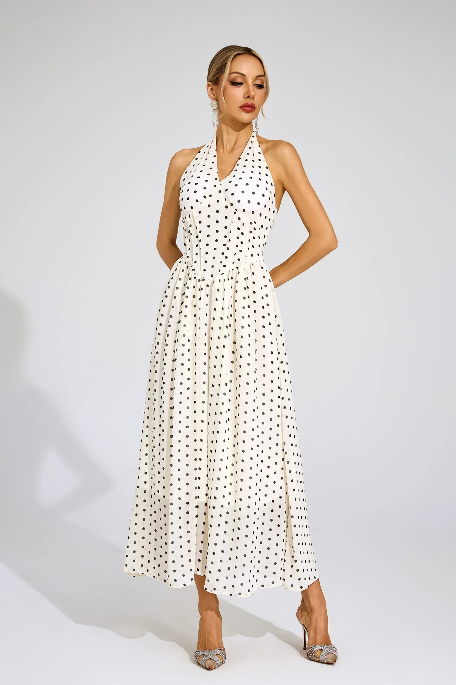 Charisse White Polka Dot Halter Maxi Dress