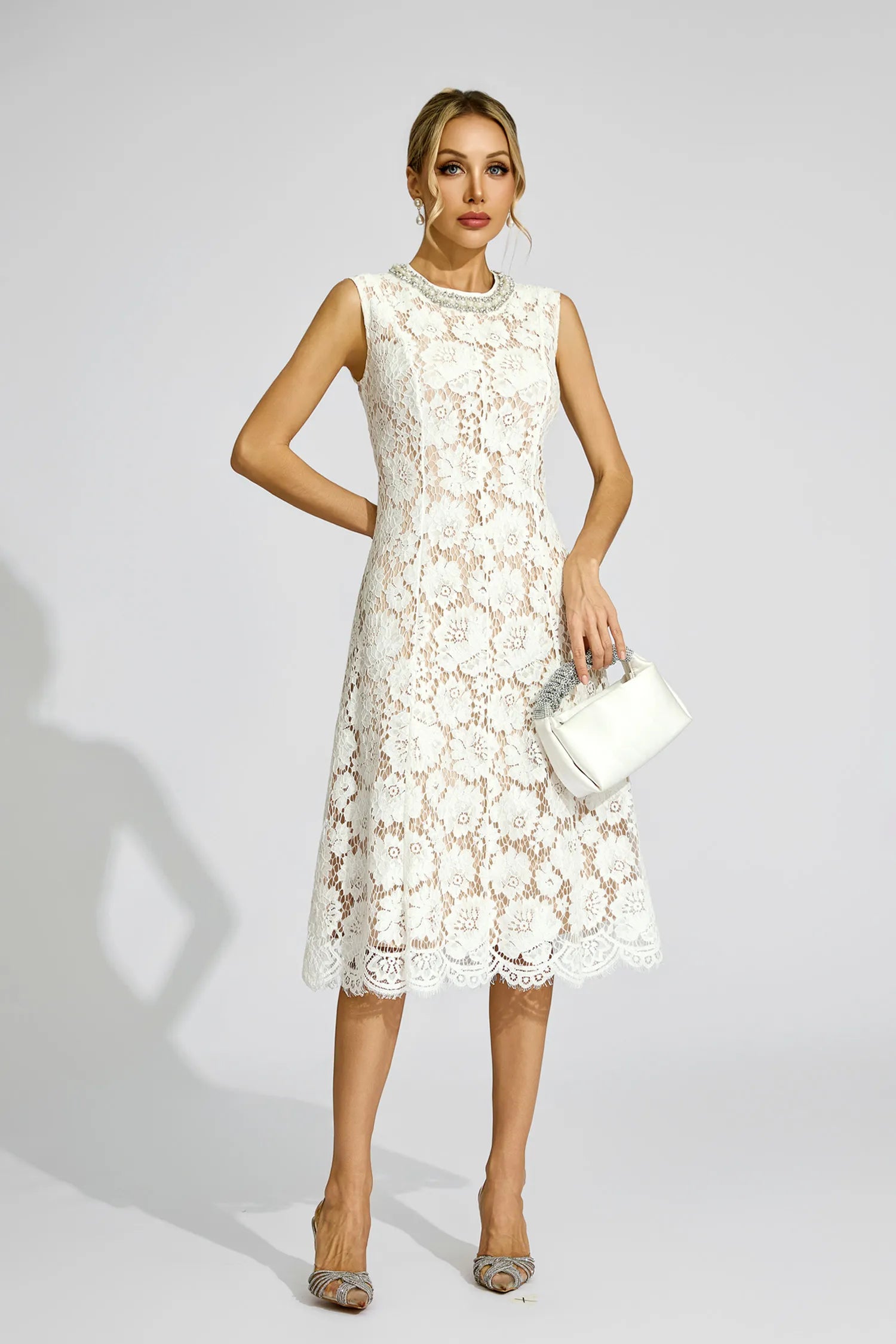 Amy White Lace Embellished Midi Dress