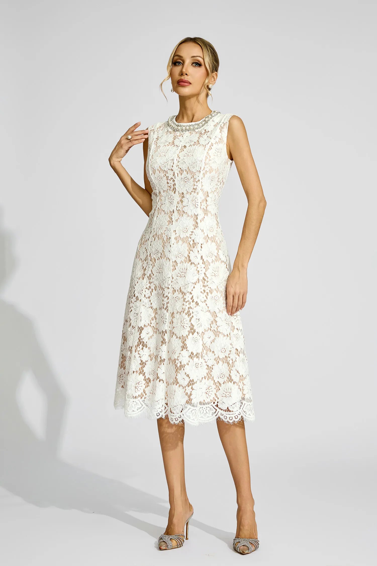 Amy White Lace Embellished Midi Dress