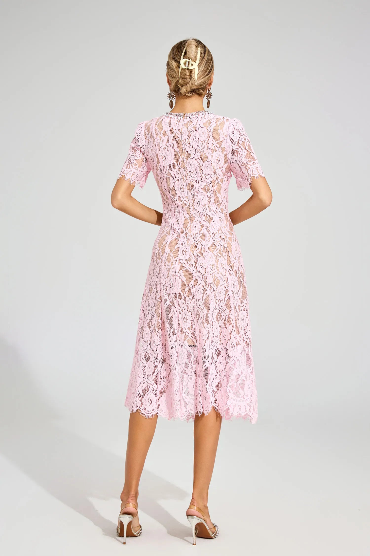 Noémie Pink Cut Out Lace Midi Dress