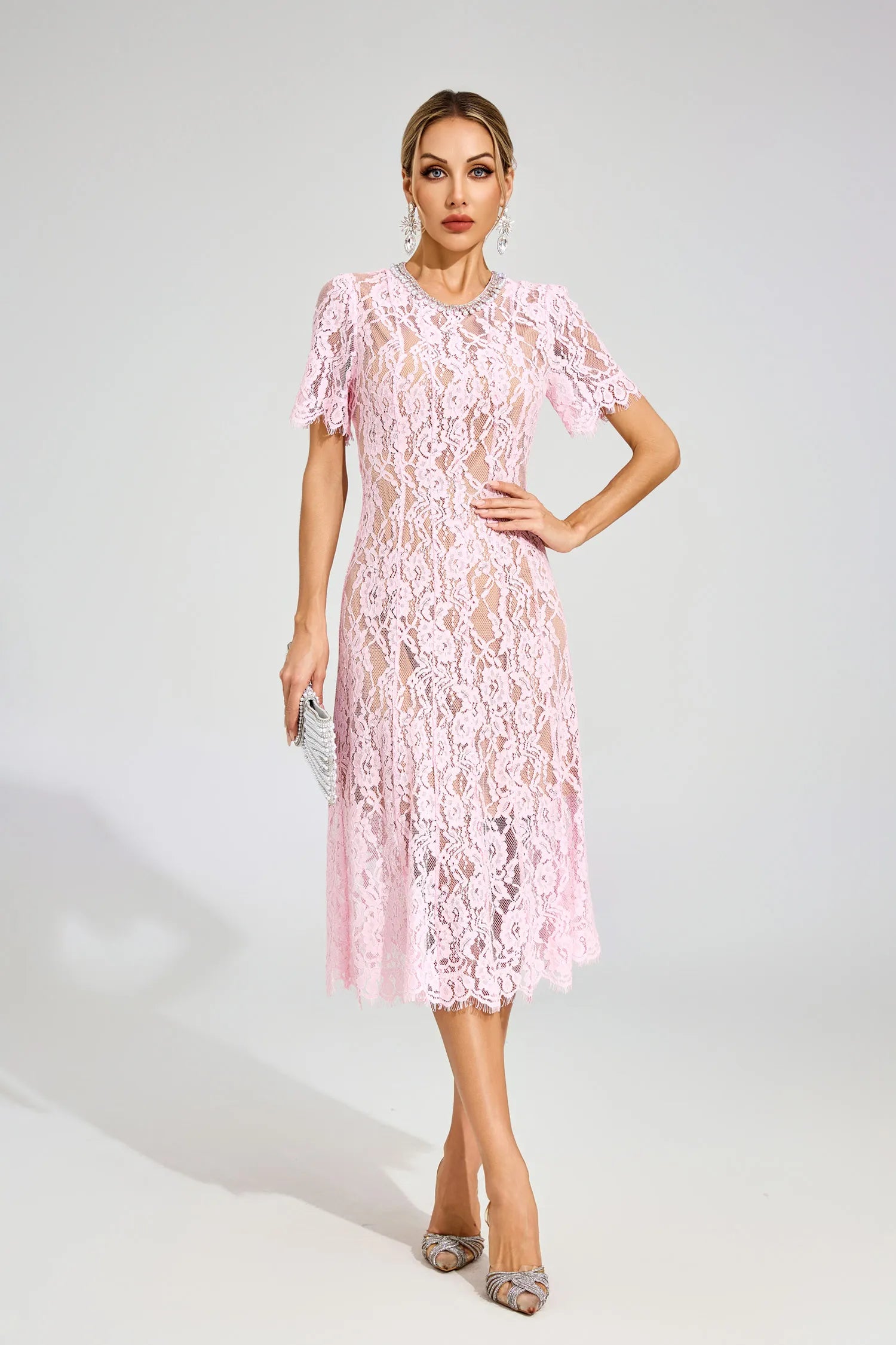 Noémie Pink Cut Out Lace Midi Dress