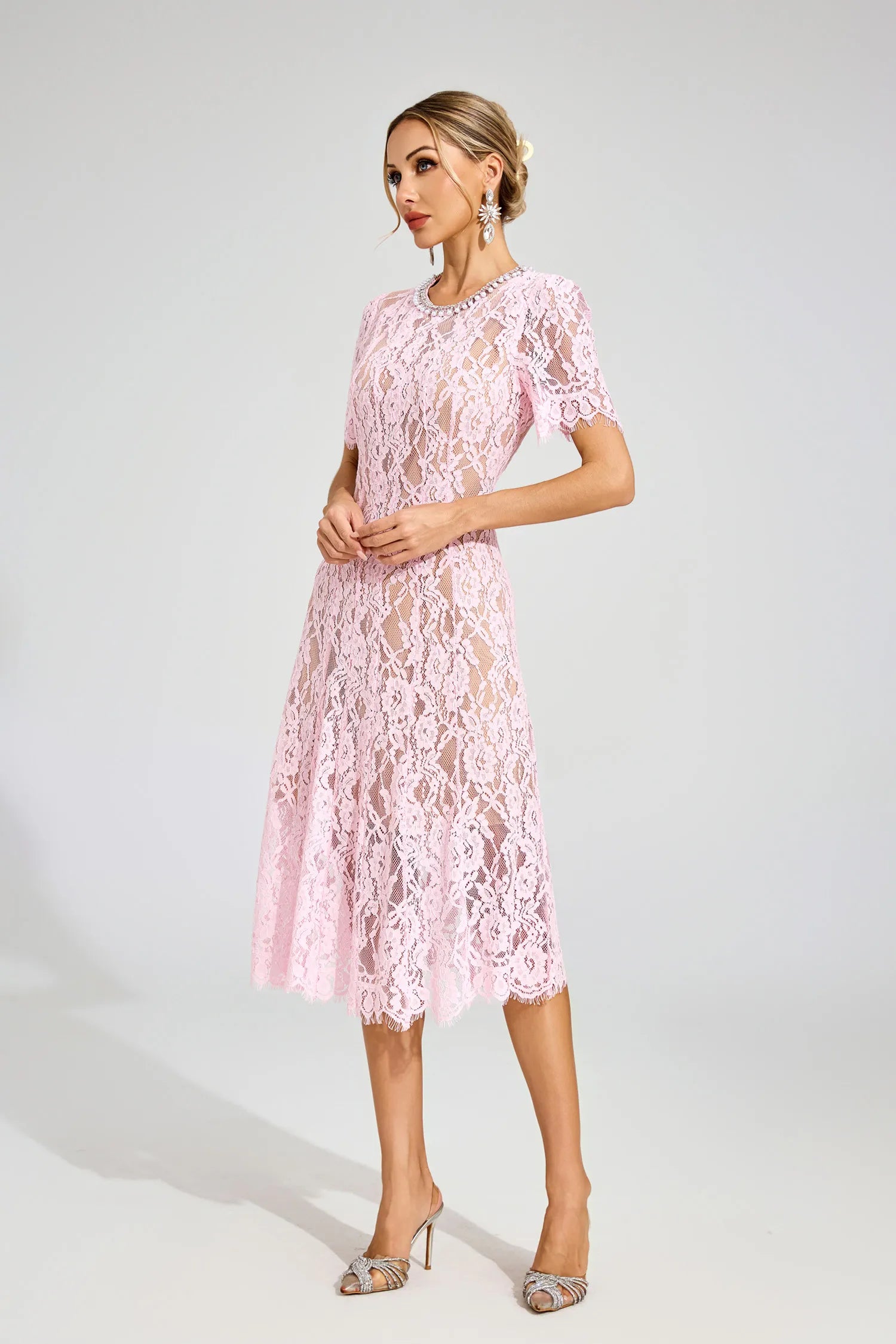 Noémie Pink Cut Out Lace Midi Dress