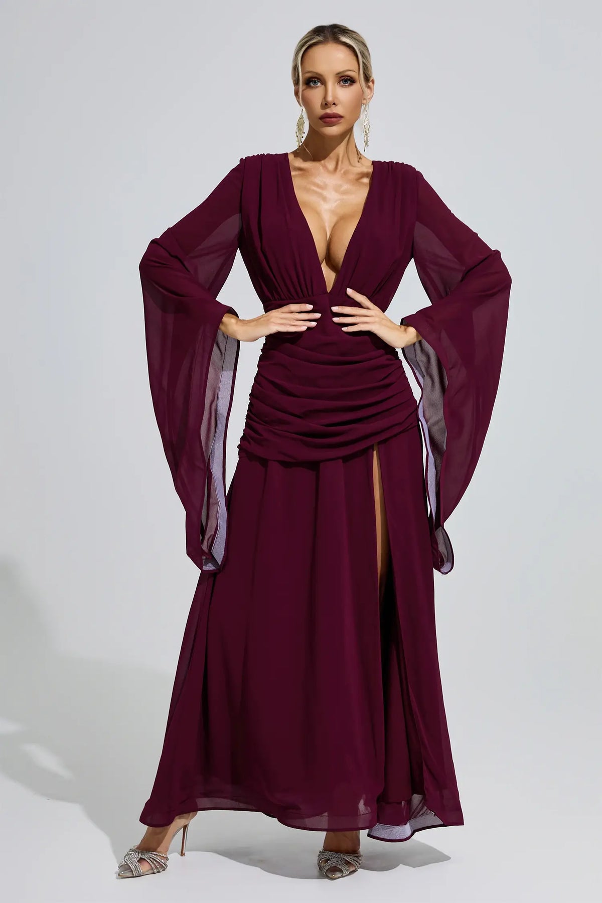 Soleil Purple Ruched Wrap Maxi Dress