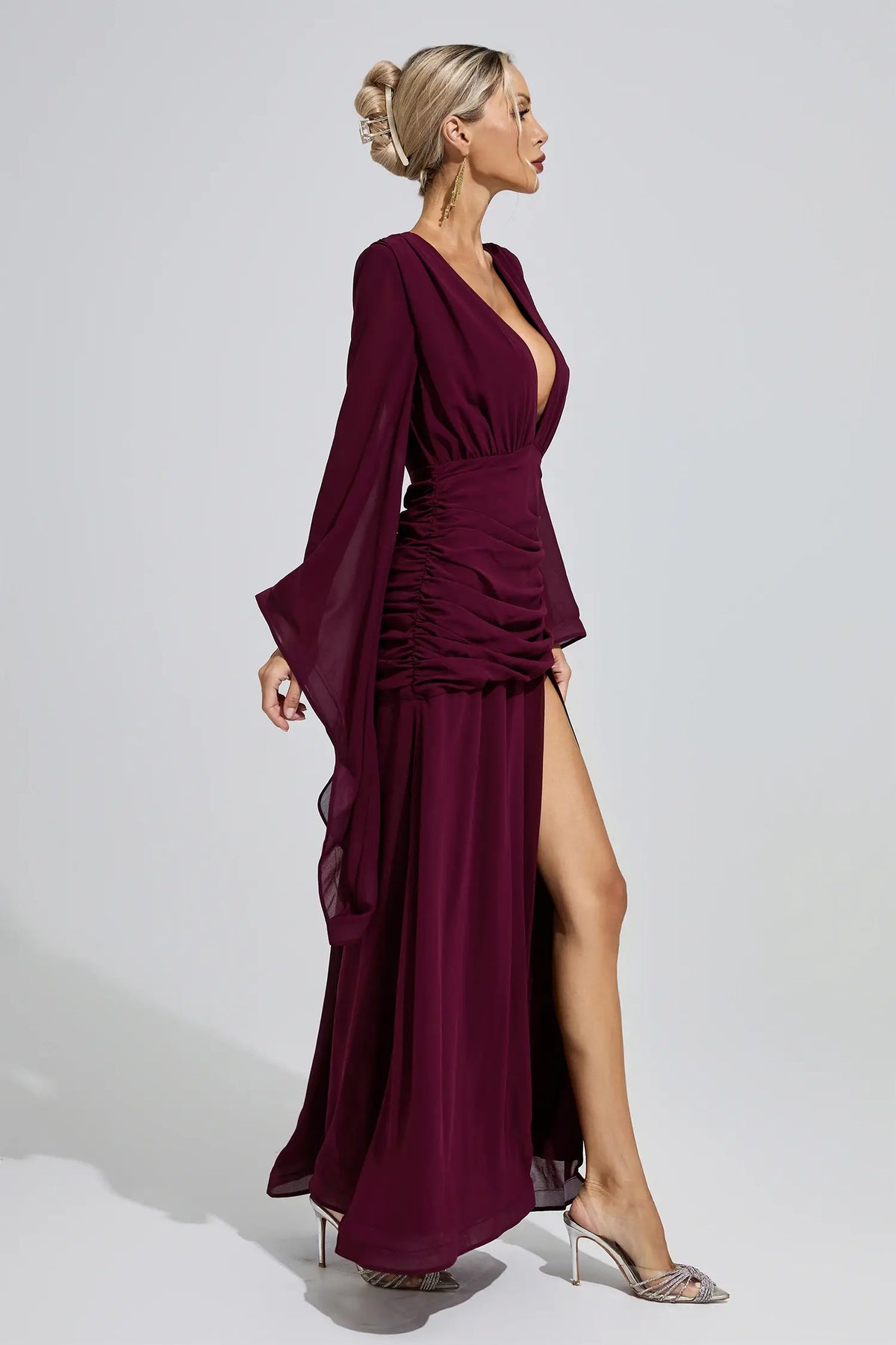 Soleil Purple Ruched Wrap Maxi Dress
