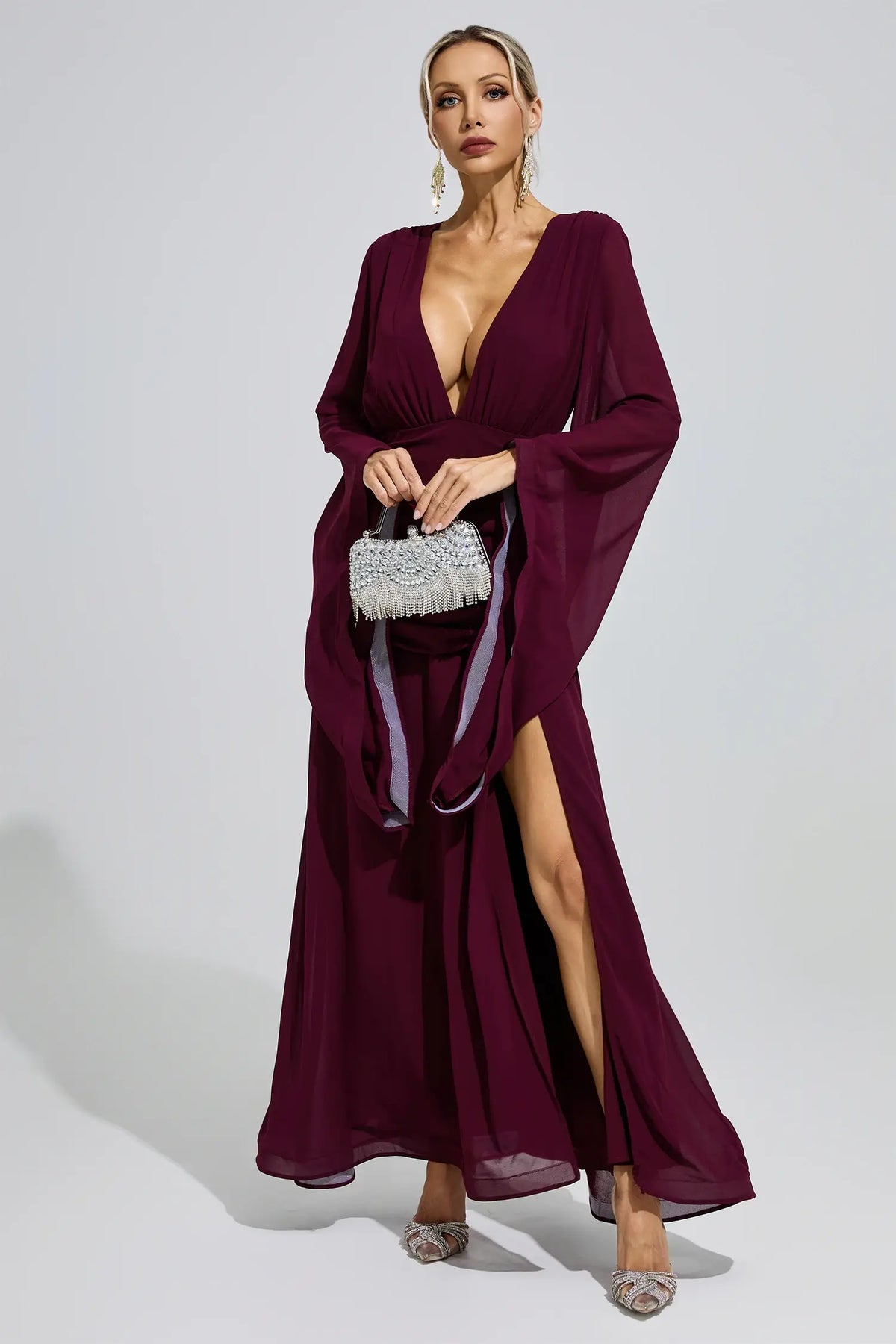 Soleil Purple Ruched Wrap Maxi Dress