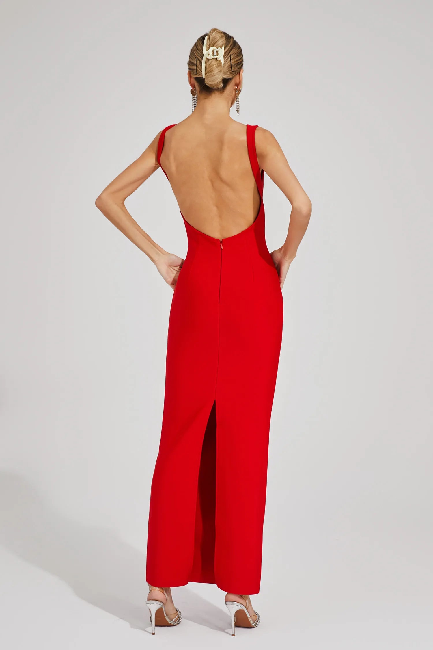 Bianca Red Backless V-neck Bandage Maxi Dress