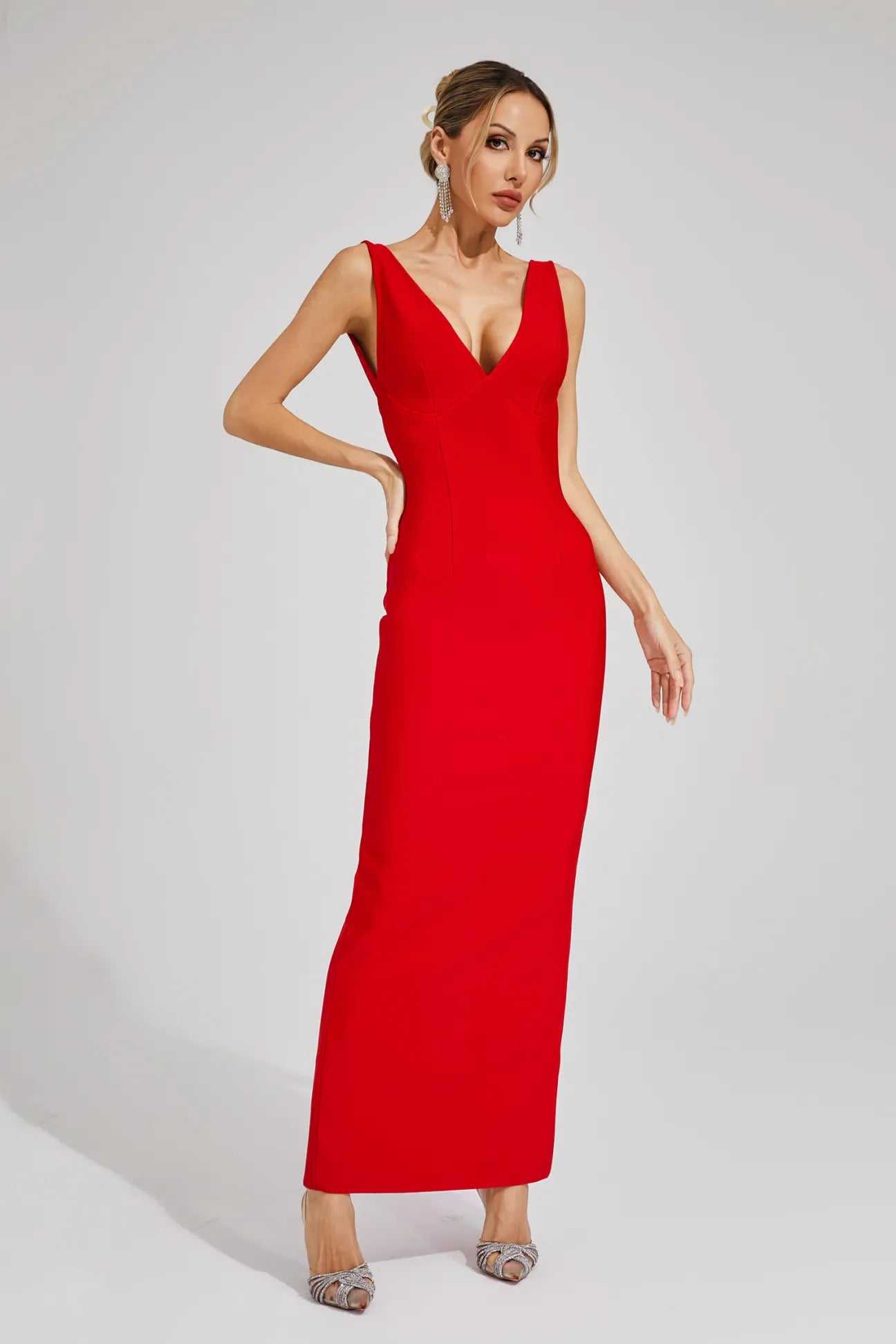 Bianca Red Backless V-neck Bandage Maxi Dress