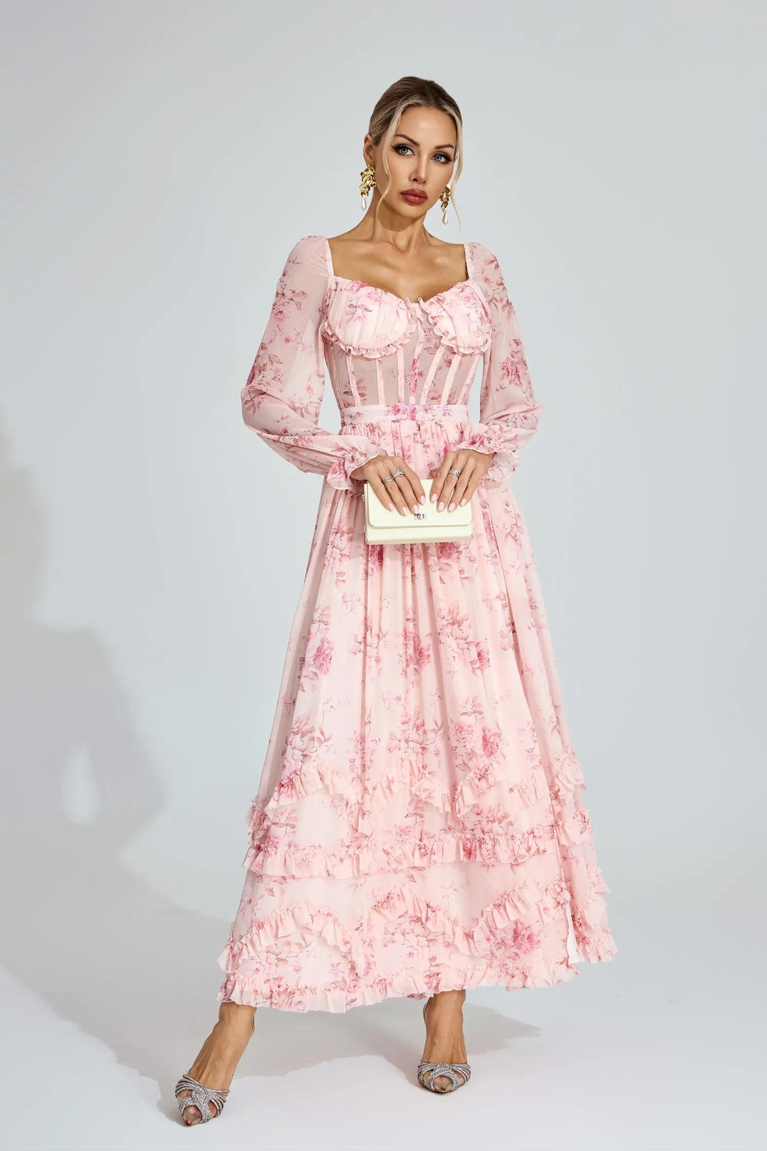 Kiara Pink Floral Chiffon Maxi Dress