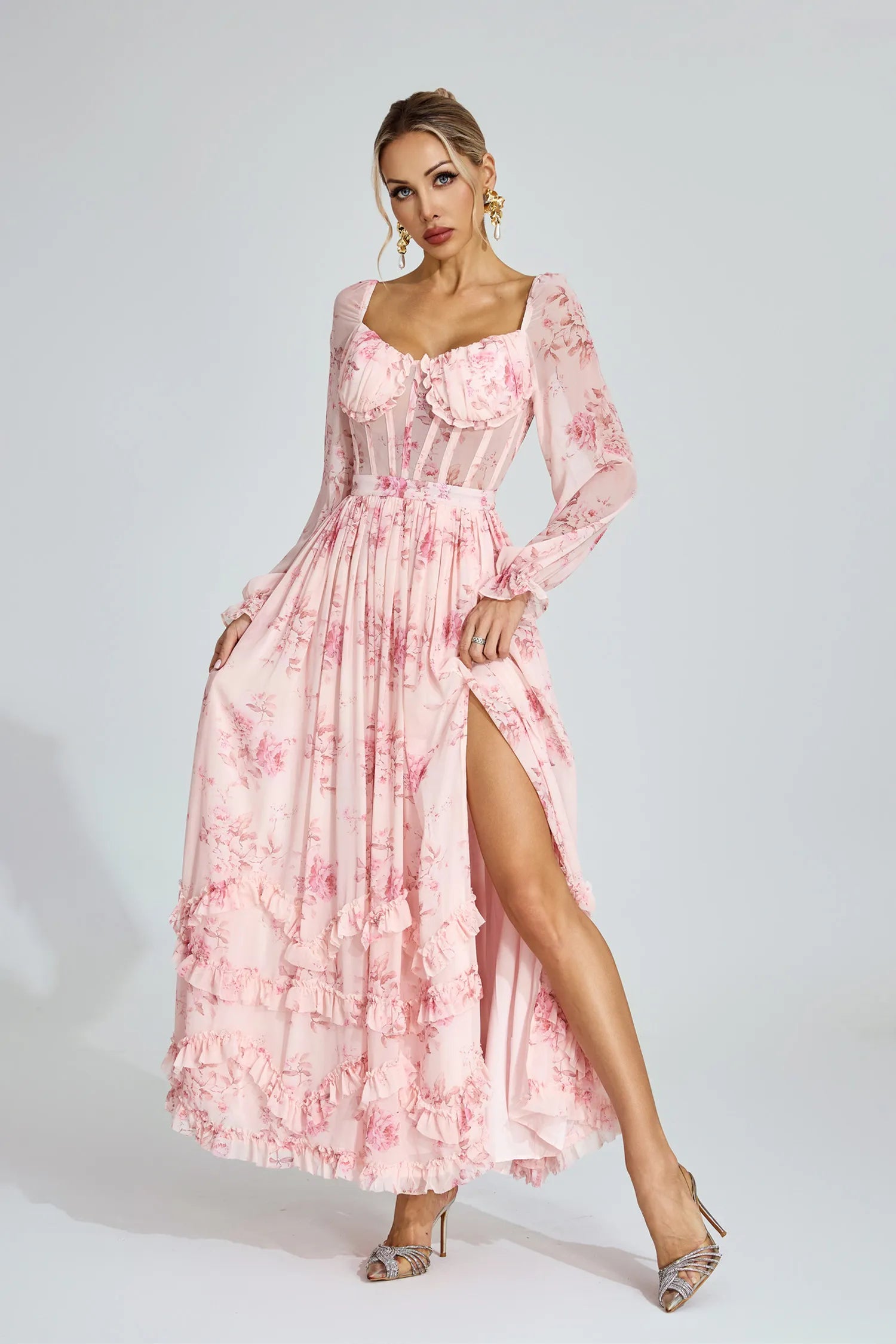 Kiara Pink Floral Chiffon Maxi Dress