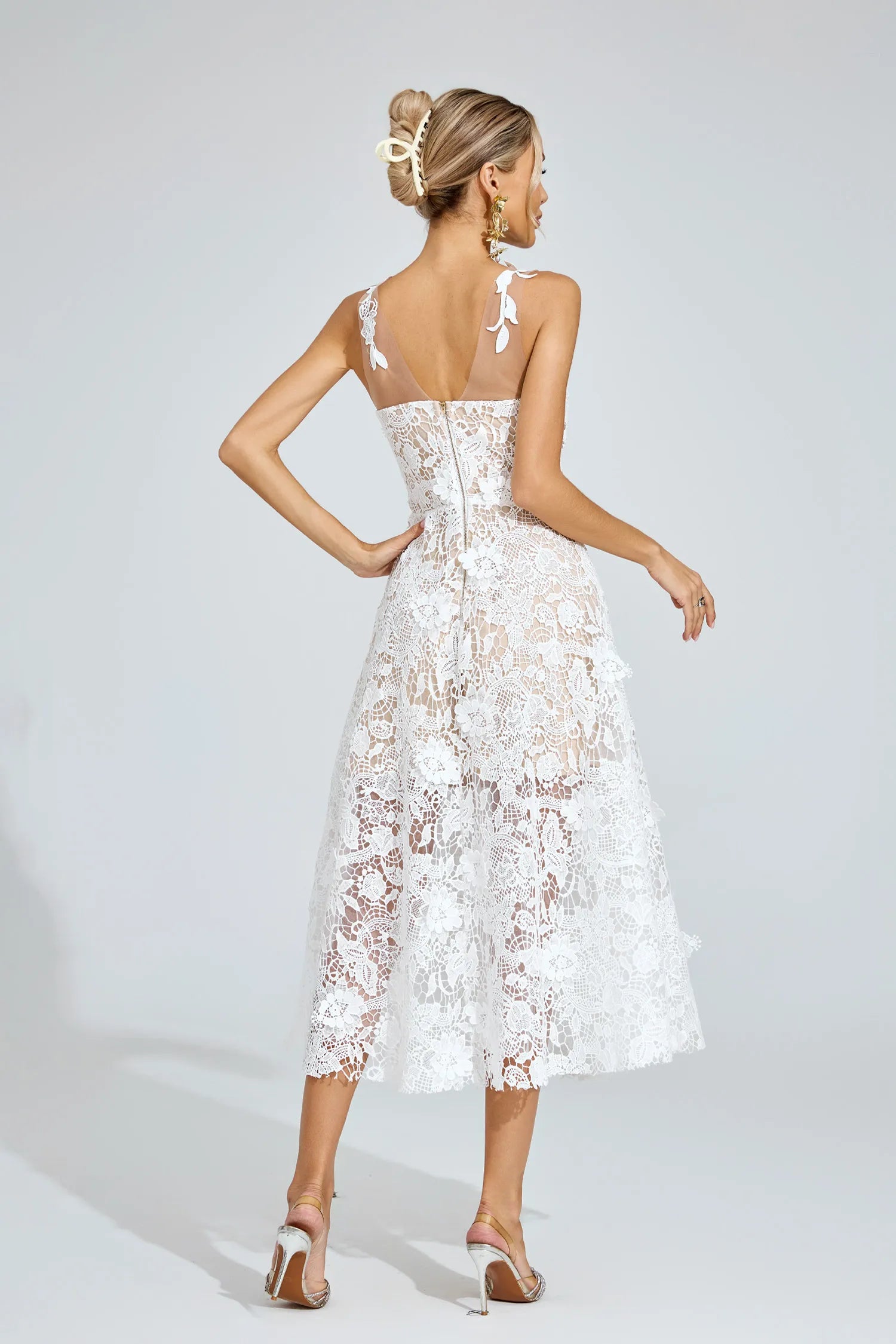 Whitney White Lace Illusion Midi Dress